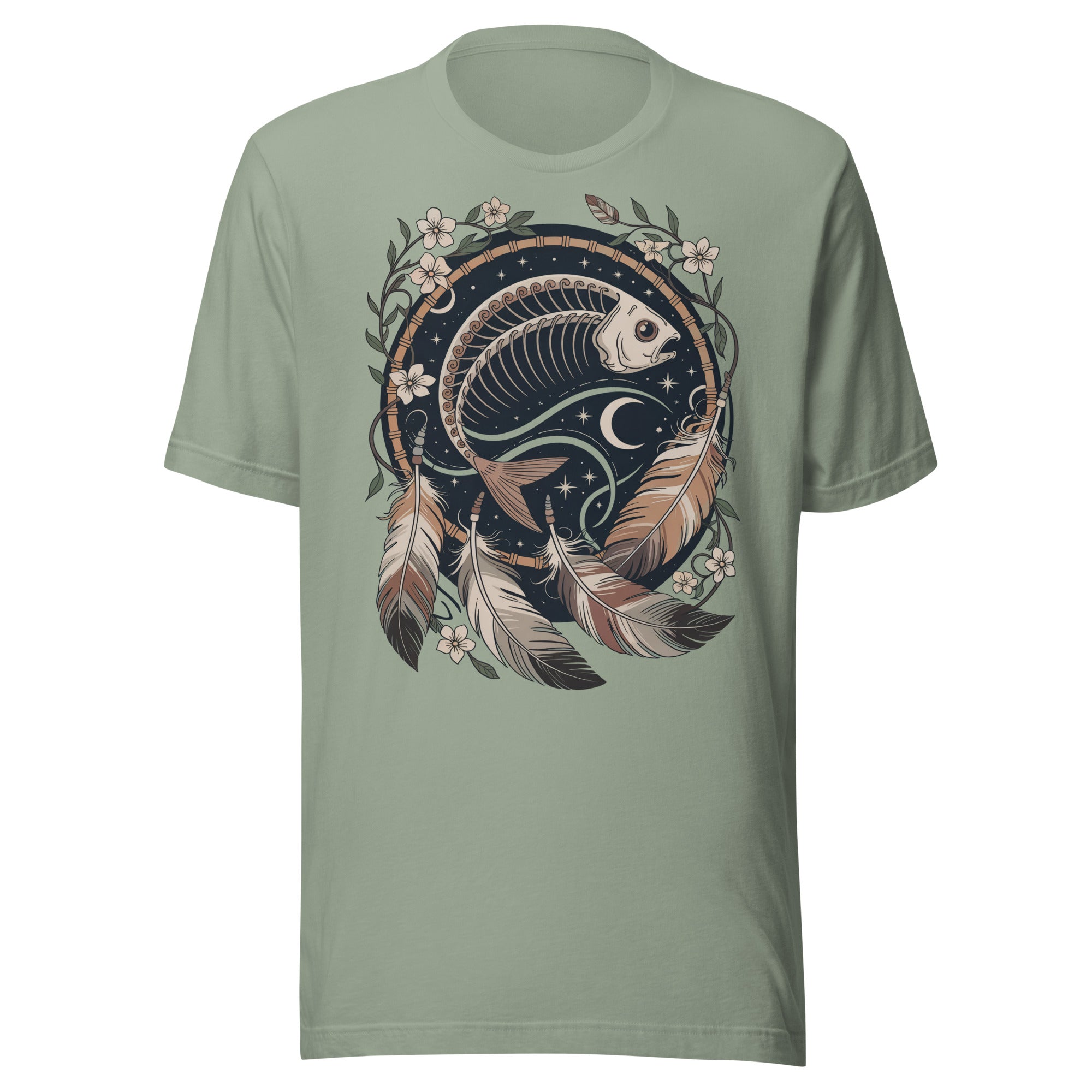 T-shirt unisexe vert pâle avec un design bohème d’un squelette de poisson entouré de plumes, fleurs blanches et motifs célestes, style spirituel.