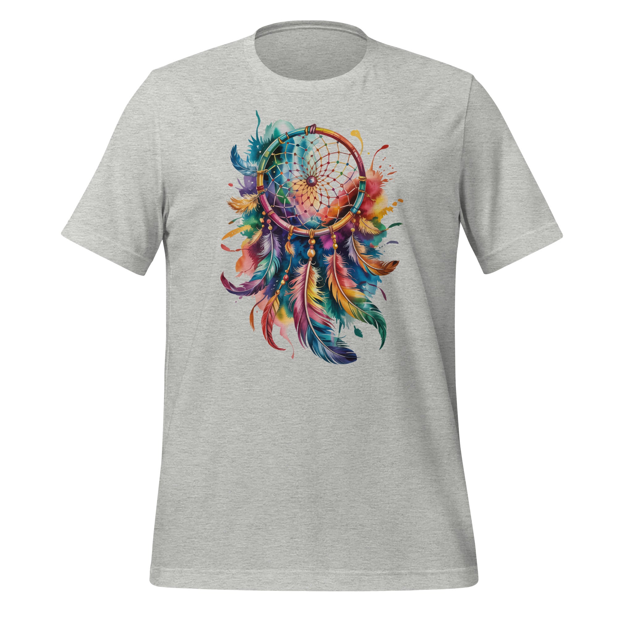 T-shirt unisexe gris avec un design bohème d’attrape-rêves et plumes multicolores, style spirituel.