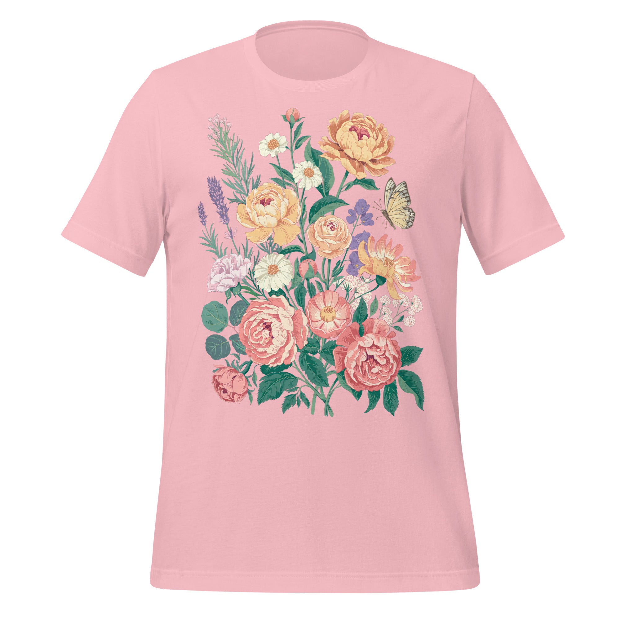 T-shirt unisexe rose pâle avec un design vintage de bouquet de roses et pivoines dans des tons roses, jaunes et blancs, avec un papillon, style bohème.