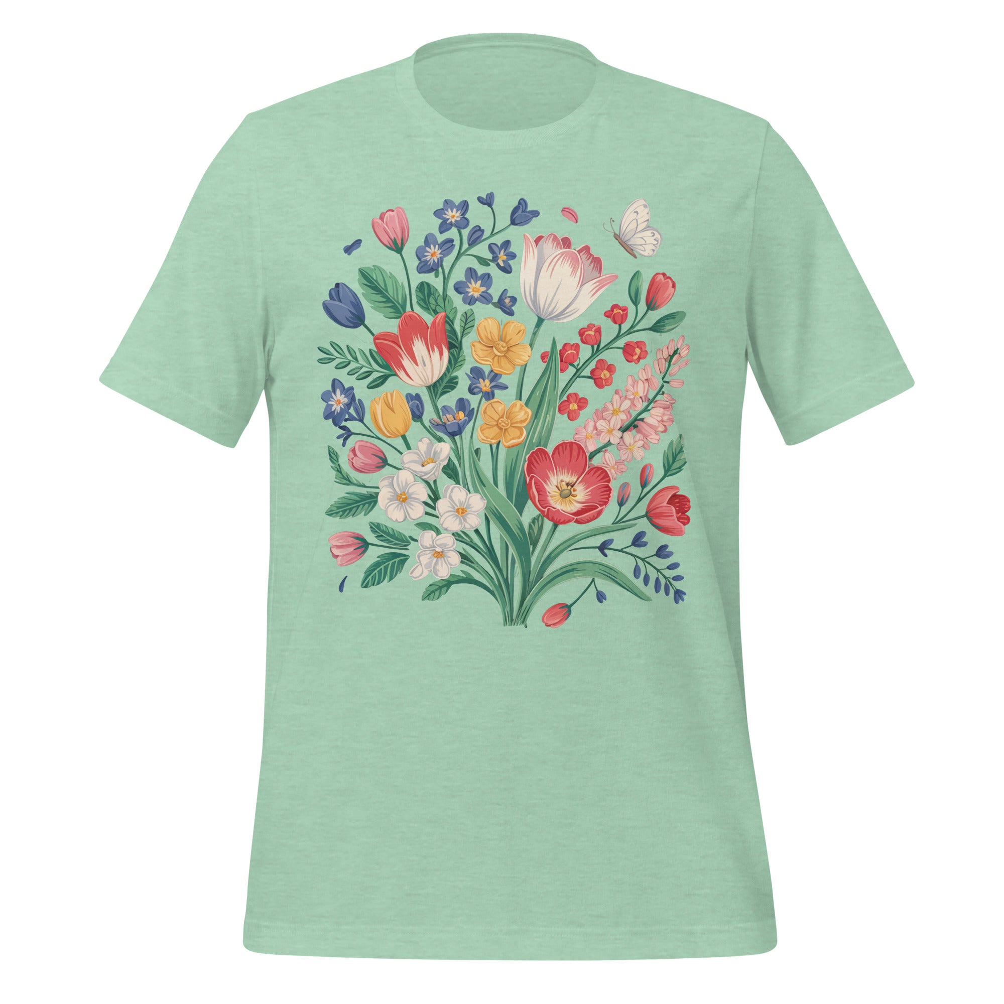 T-shirt unisexe vert pâle avec un design vintage de bouquet de tulipes multicolores (rouges, blanches, jaunes, bleues) et un papillon blanc, style bohème.