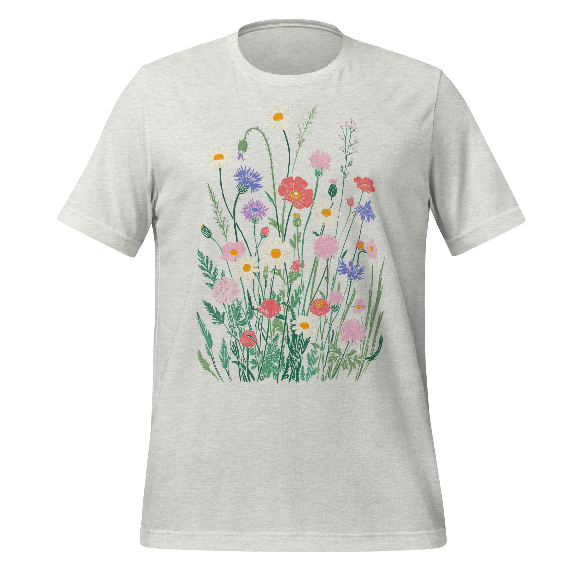 T-shirt unisexe gris clair avec un design vintage de fleurs sauvages (coquelicots, marguerites, chardons) en tons roses, violets, blancs, style bohème.