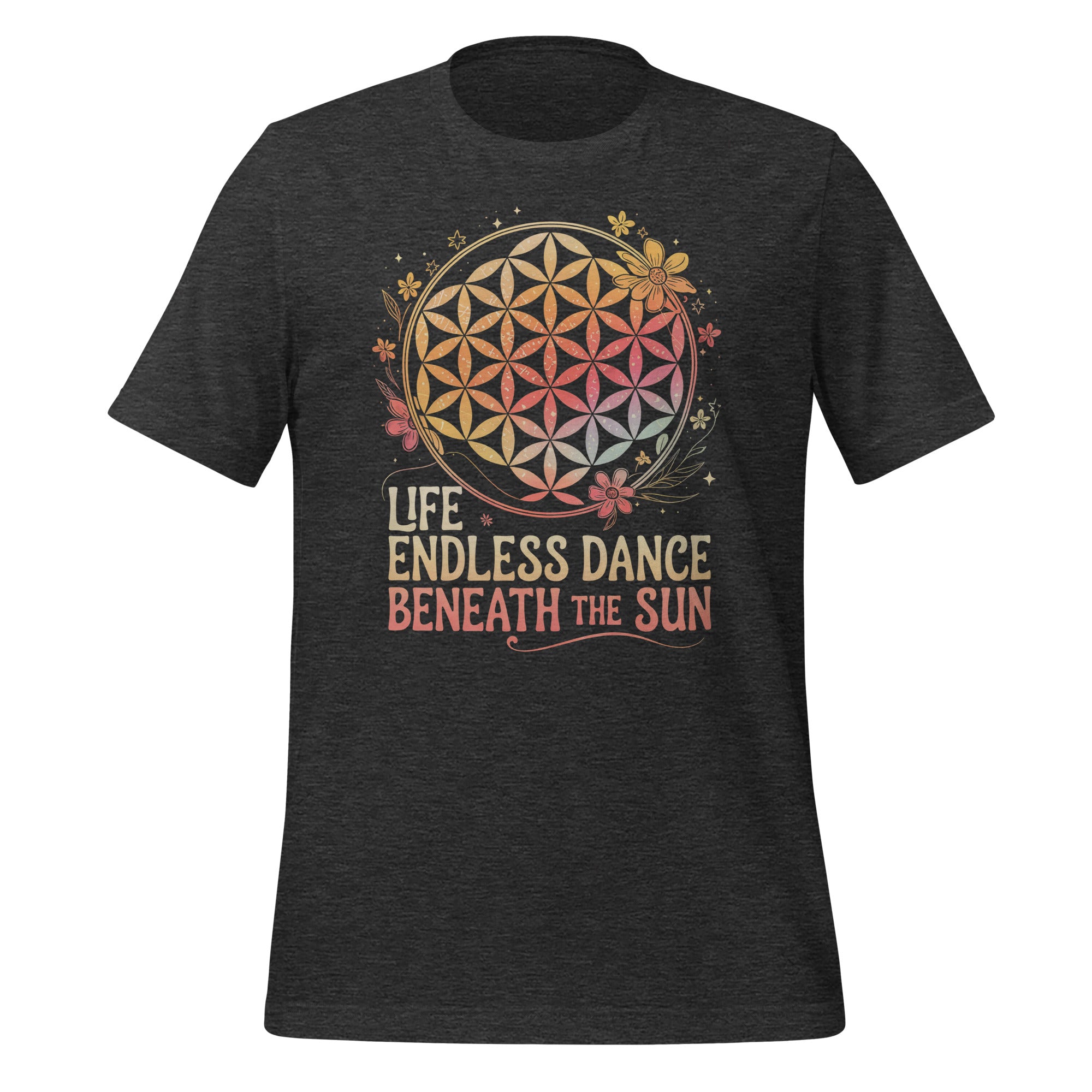 T-shirt Fleur de Vie Endless Dance noir avec silhouette méditative et mandala solaire – Happy & Shiny