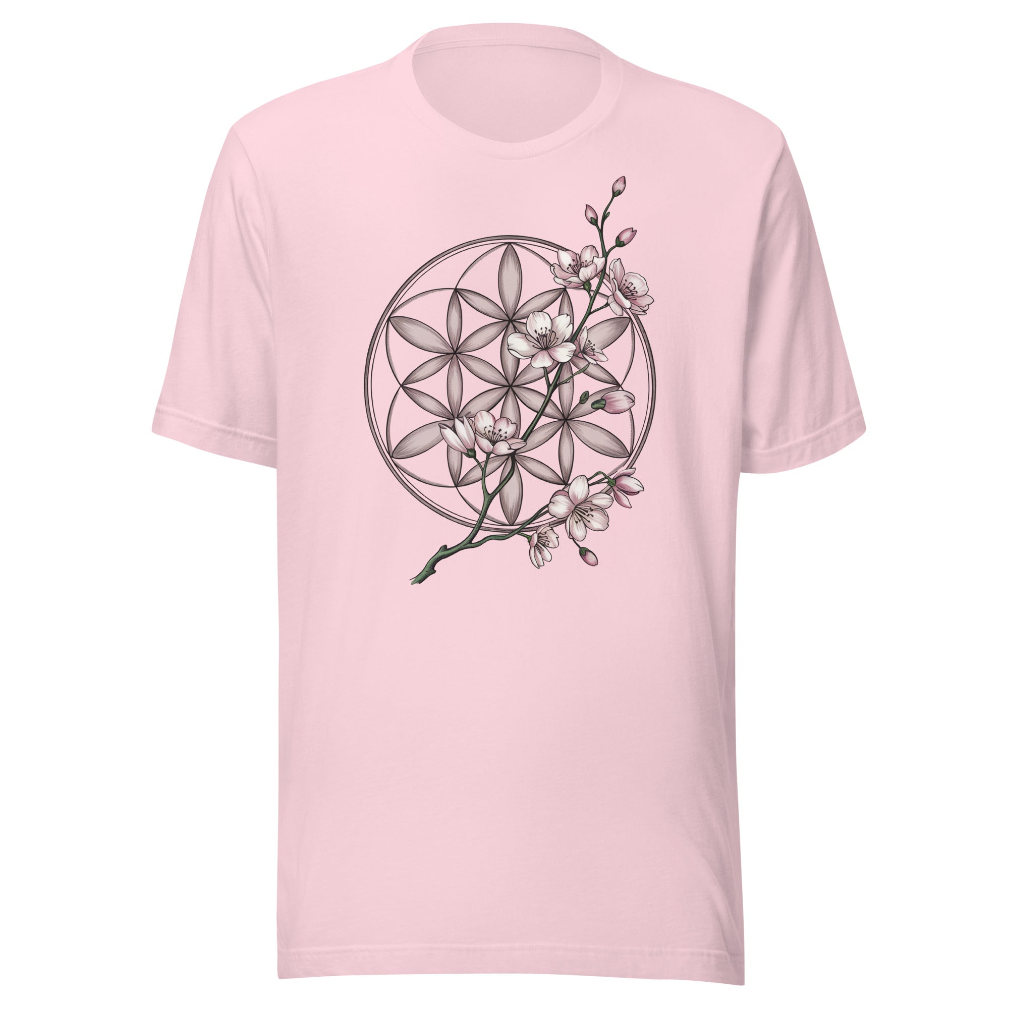 T-shirt unisexe rose pâle avec un design bohème d’une fleur de vie géométrique ornée de fleurs de sakura roses et blanches, style spirituel.
