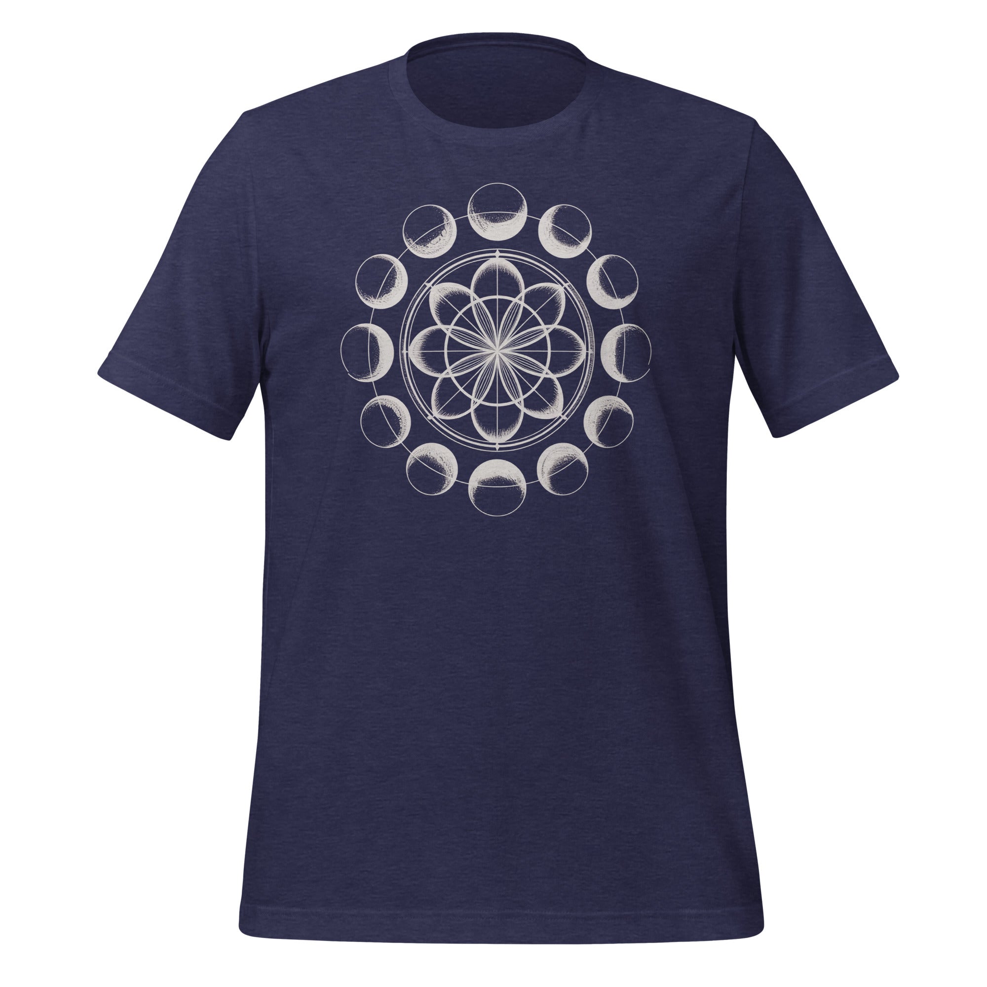 T-shirt unisexe bleu marine avec un design spirituel d’une fleur de vie géométrique entourée de phases lunaires blanches, style mystique.