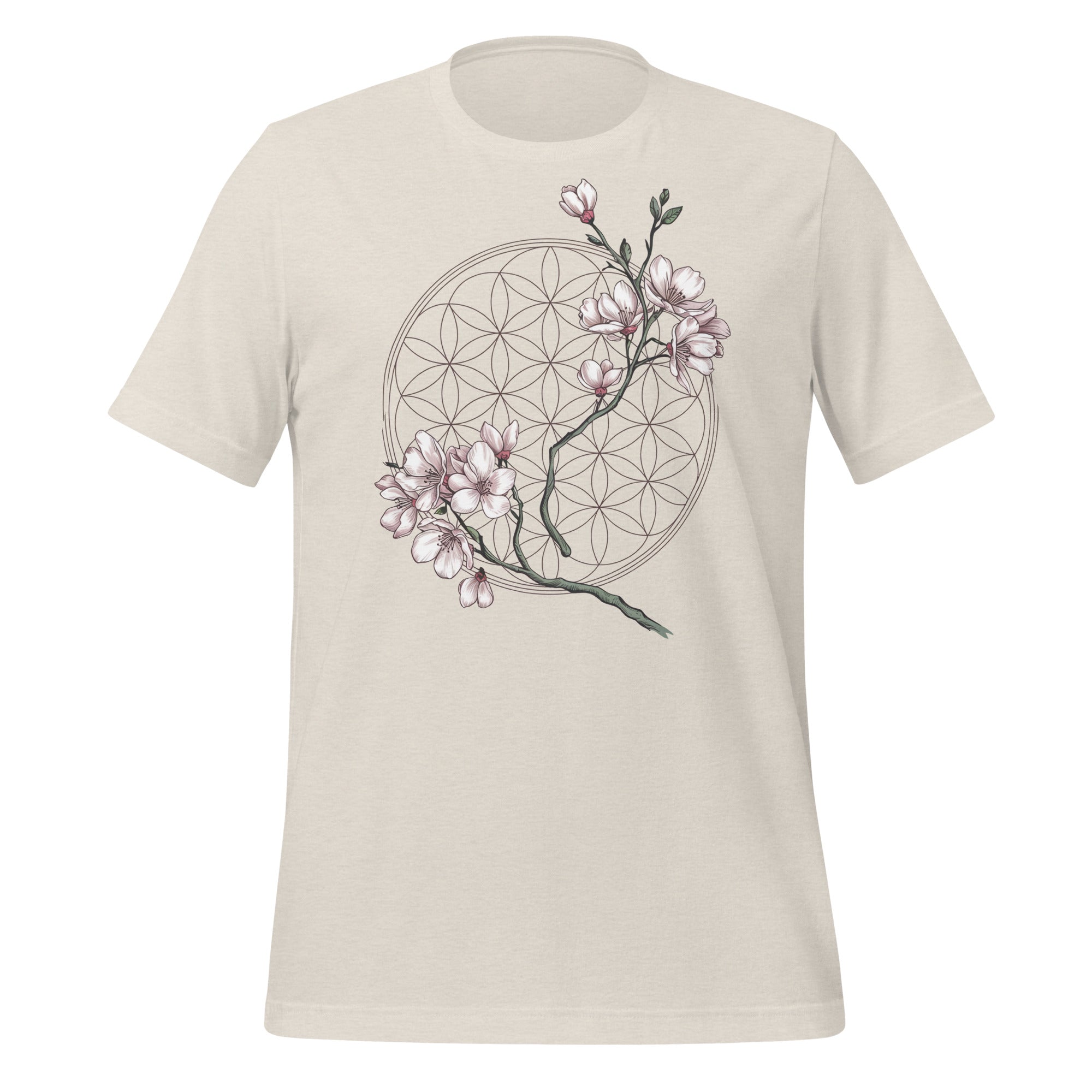 T-shirt unisexe beige avec un design bohème d’une fleur de vie géométrique ornée de fleurs de sakura blanches et roses, style spirituel.