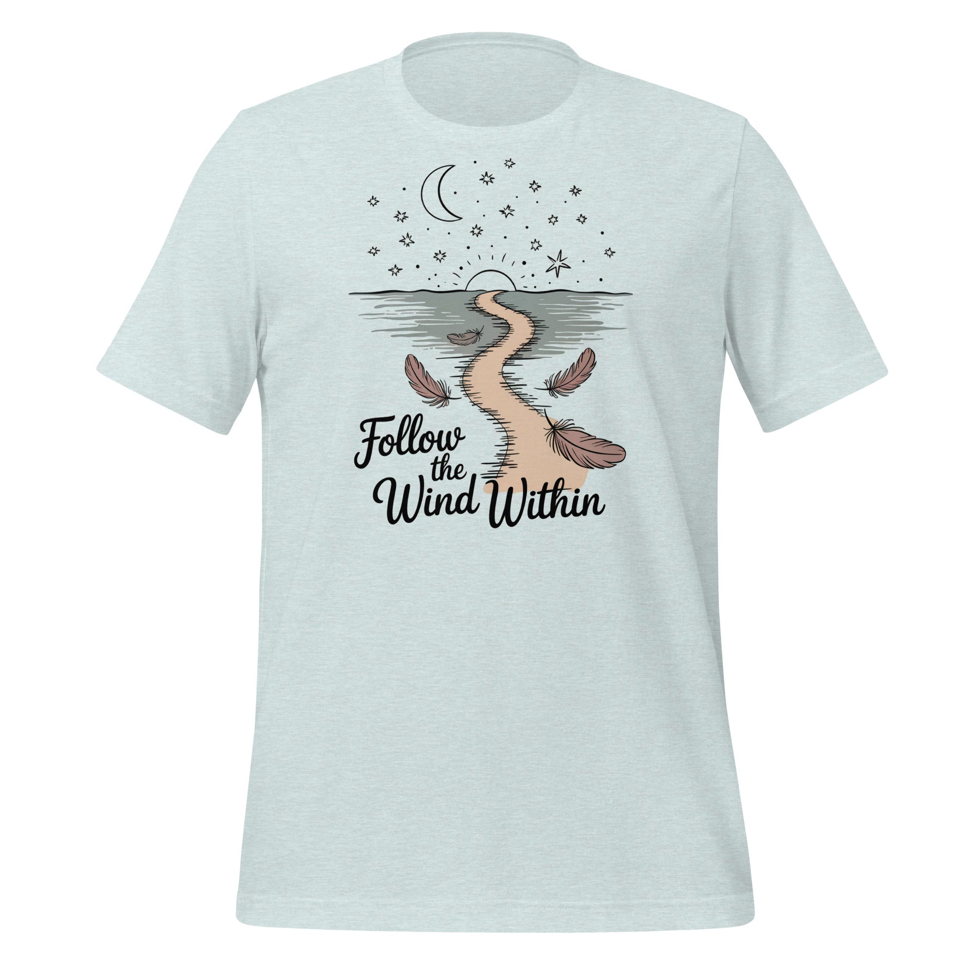 T-shirt unisexe bleu pâle avec un design bohème d’un chemin sinueux, une lune croissante, des plumes, des étoiles et le texte "Follow the Wind Within".