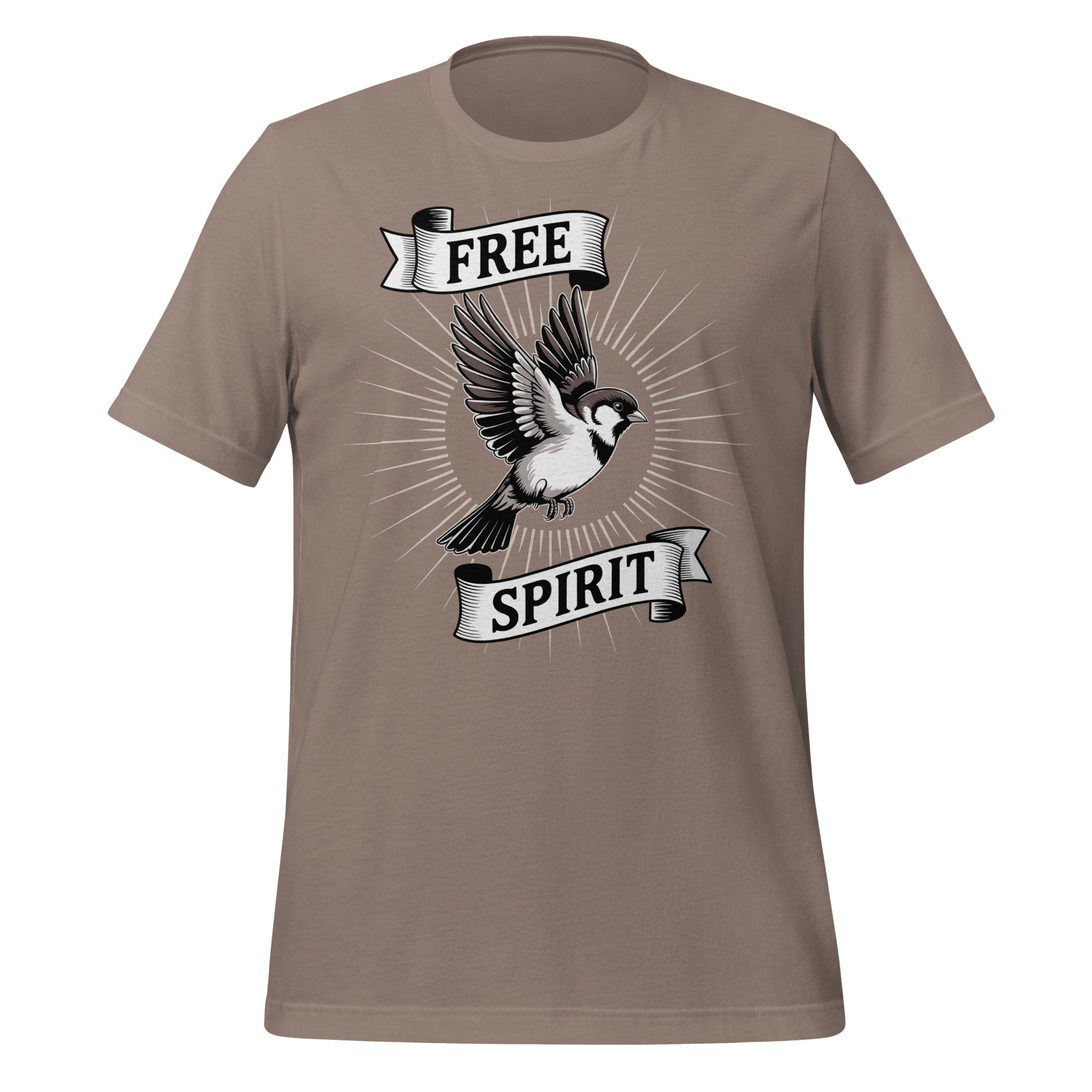 T-shirt unisexe beige avec un design spirituel "Free Spirit", oiseau en vol et rayons, style minimaliste.