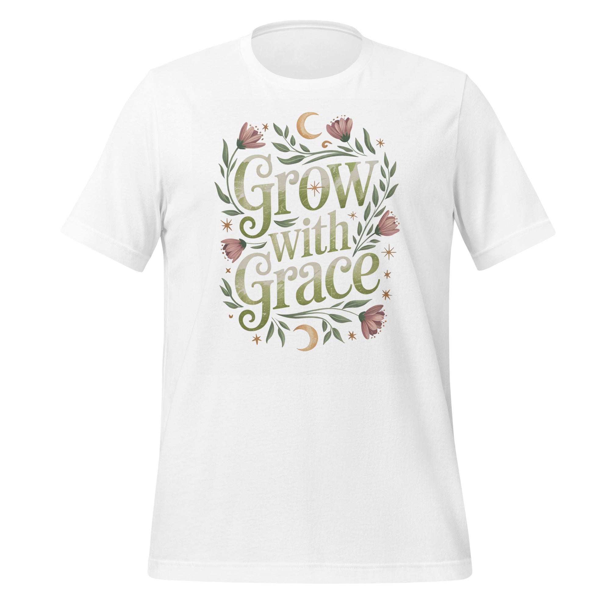 T-shirt unisexe avec un design élégant affichant le texte "Grow with Grace" (lettres vertes) entouré de fleurs (roses, beiges), feuillages verts et motifs célestes (lunes, étoiles).