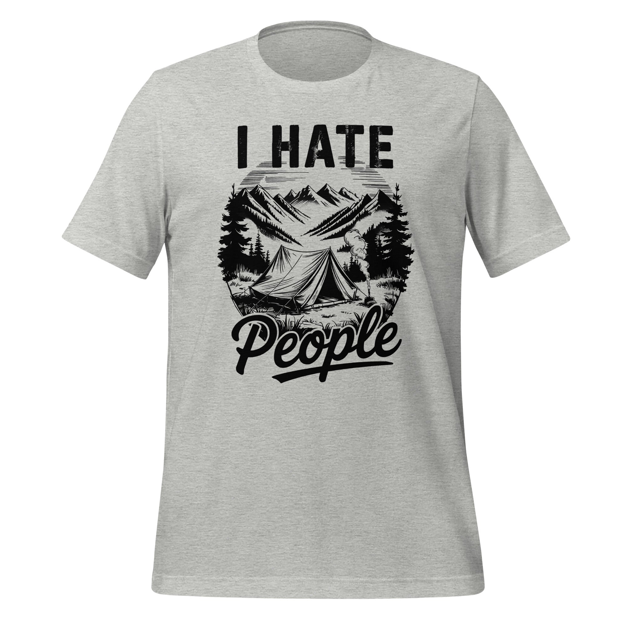 T-shirt unisexe gris avec un design humoristique "I Hate People", scène de camping en montagne, style aventure.