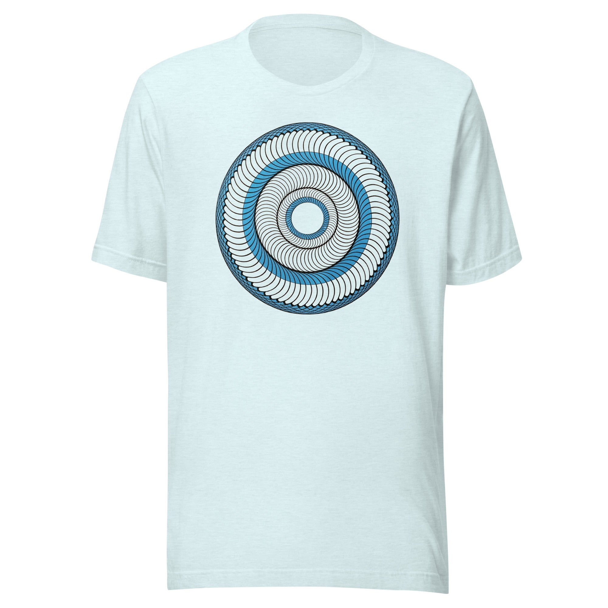 T-shirt unisexe blanc avec un design spirituel d'un mandala géométrique bleu et blanc, style zen.