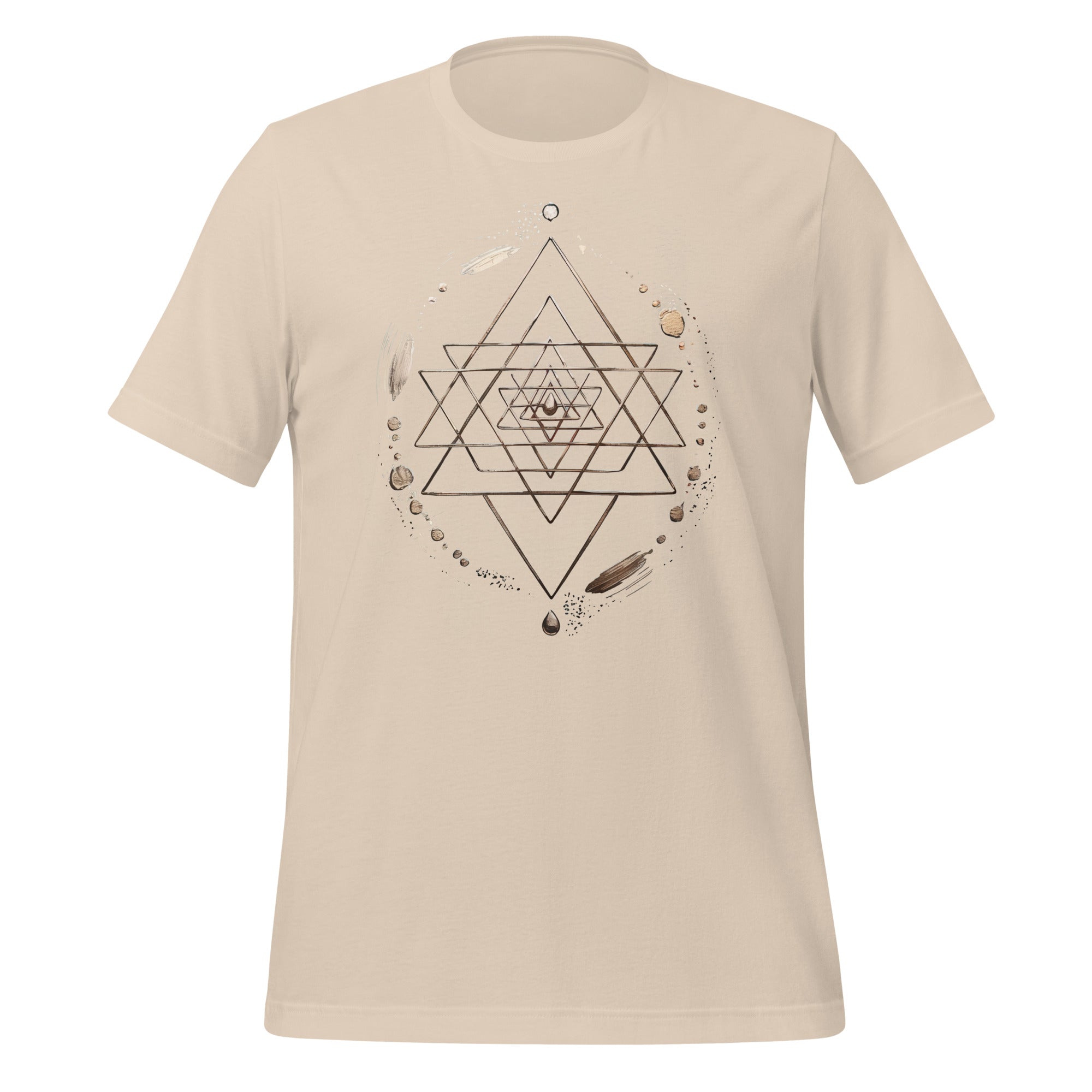 T-shirt unisexe beige avec un design spirituel d’une Merkaba géométrique entourée de plumes, gouttes et motifs célestes, style bohème.