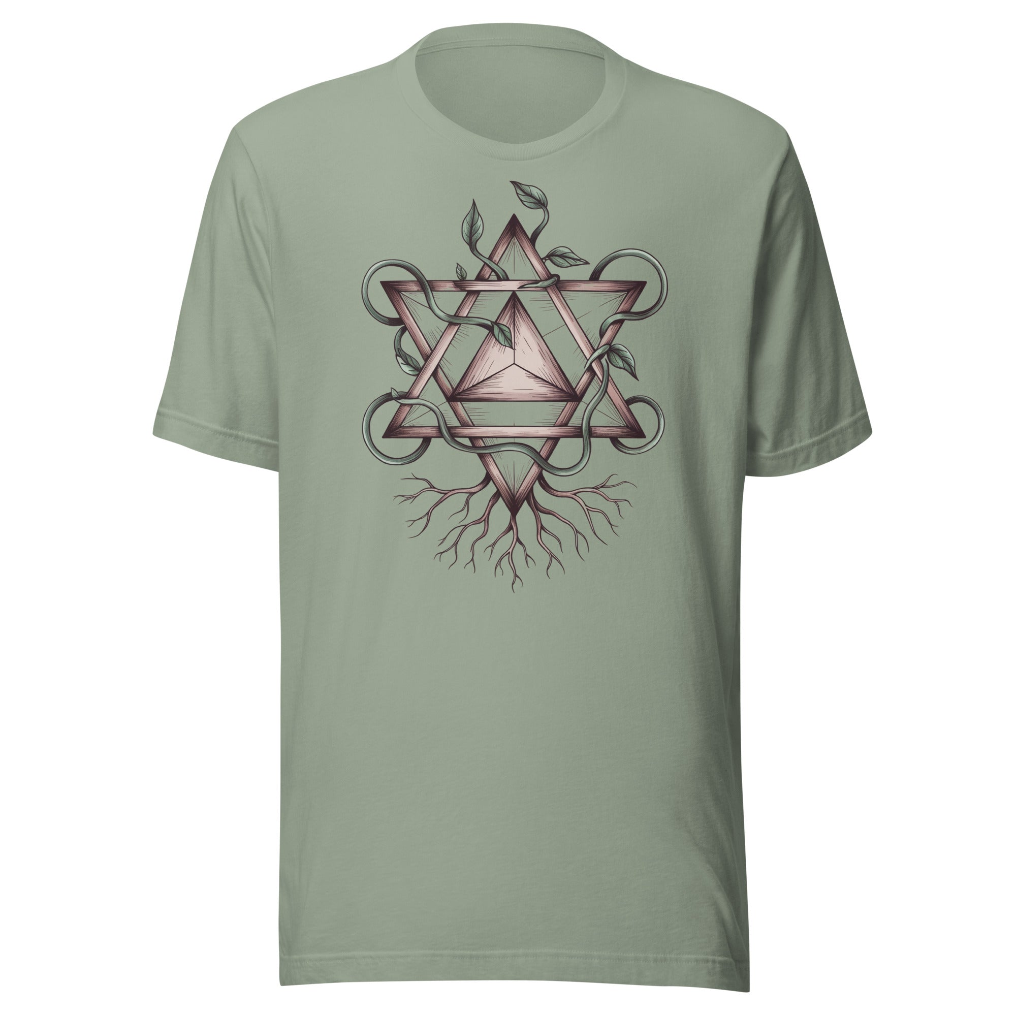 T-shirt unisexe vert pâle avec un design bohème d’une Merkaba géométrique entourée de vignes et de feuilles, style spirituel.