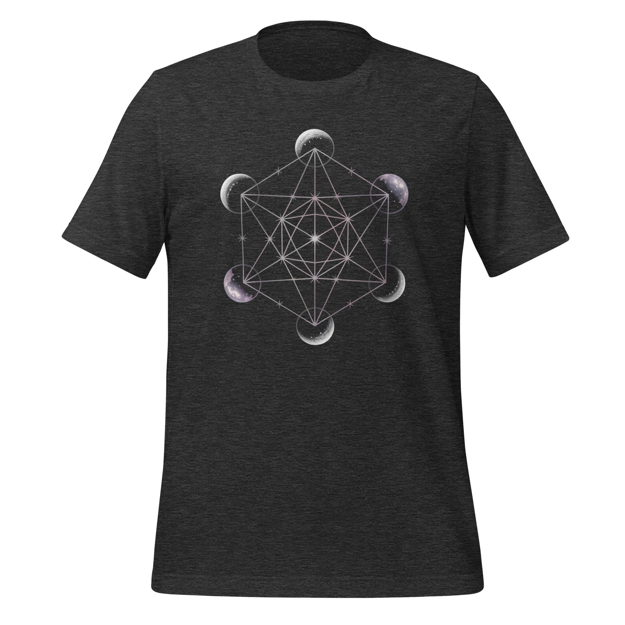 T-shirt unisexe noir avec un design spirituel d’un cube de Métatron entouré de phases lunaires, en tons blancs et violets, style mystique.