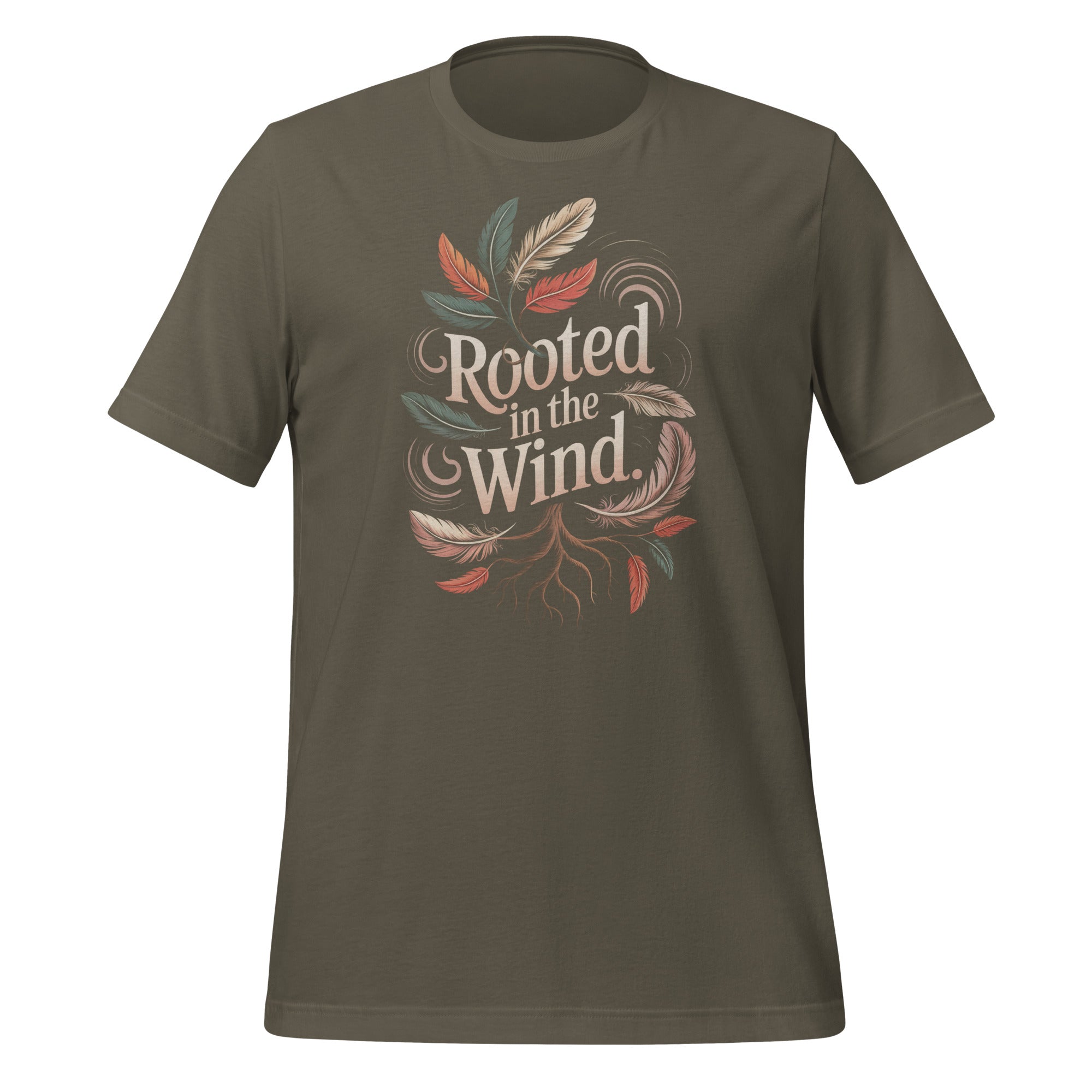 T-shirt unisexe avec un design naturel affichant le texte "Rooted in the Wind" (lettres blanches) entouré de plumes (beige, rouge, vert) et de racines, dans un style organique.