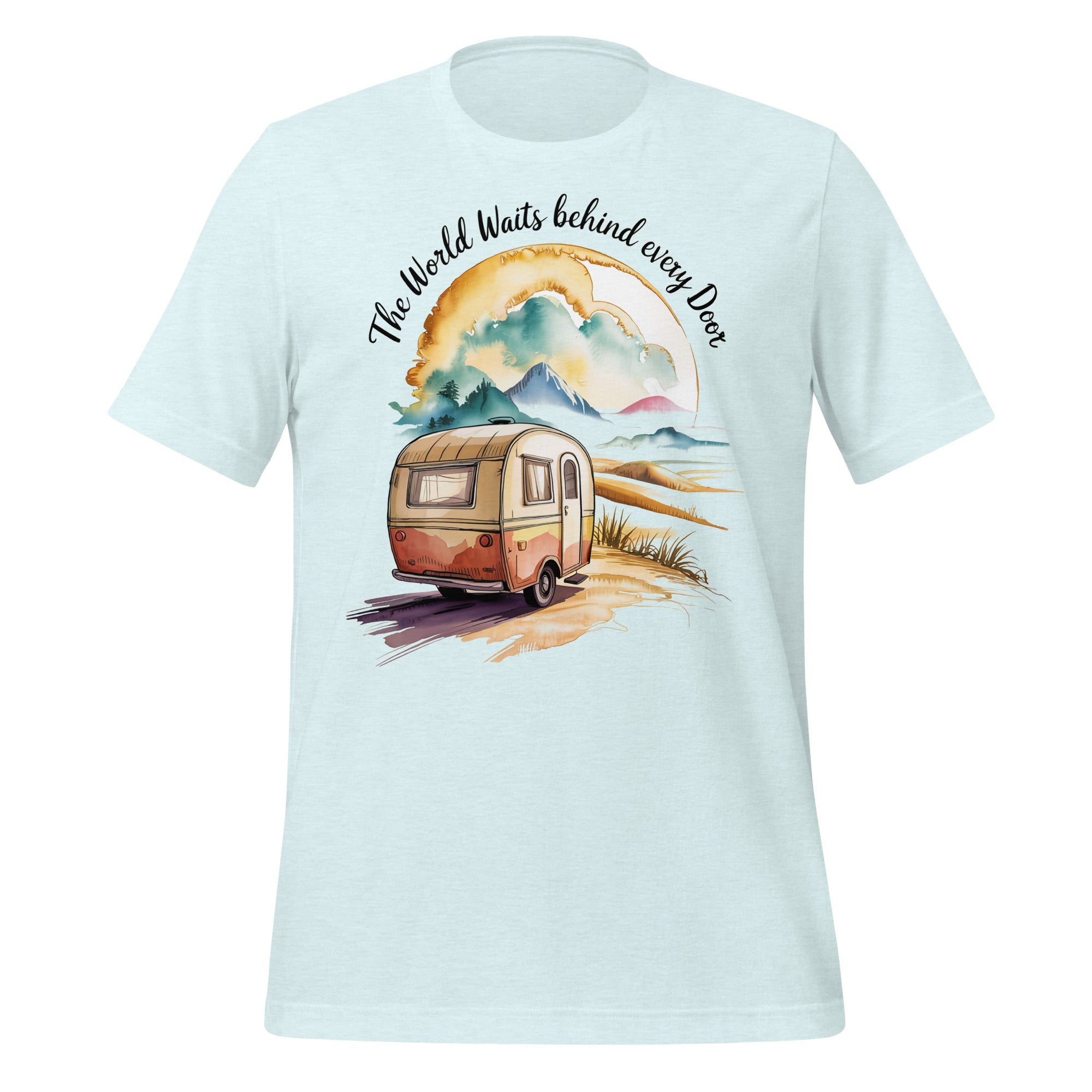 T-shirt unisexe bleu pâle avec un design bohème d’un van vintage, un paysage montagneux, un ciel coloré et le texte "The world waits behind every door".