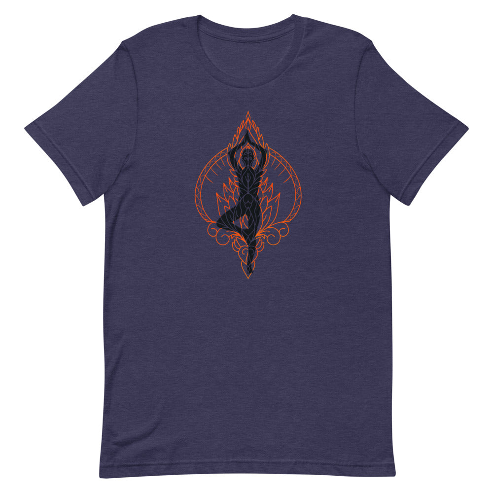 Tree Pose Yoga Silhouette and Orange Flame T-Shirt – Energetic and Grounding