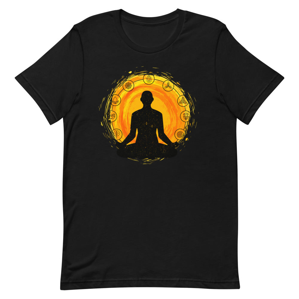 T-shirt with Meditative Silhouette and Spiritual Symbols – Sacred and Universal