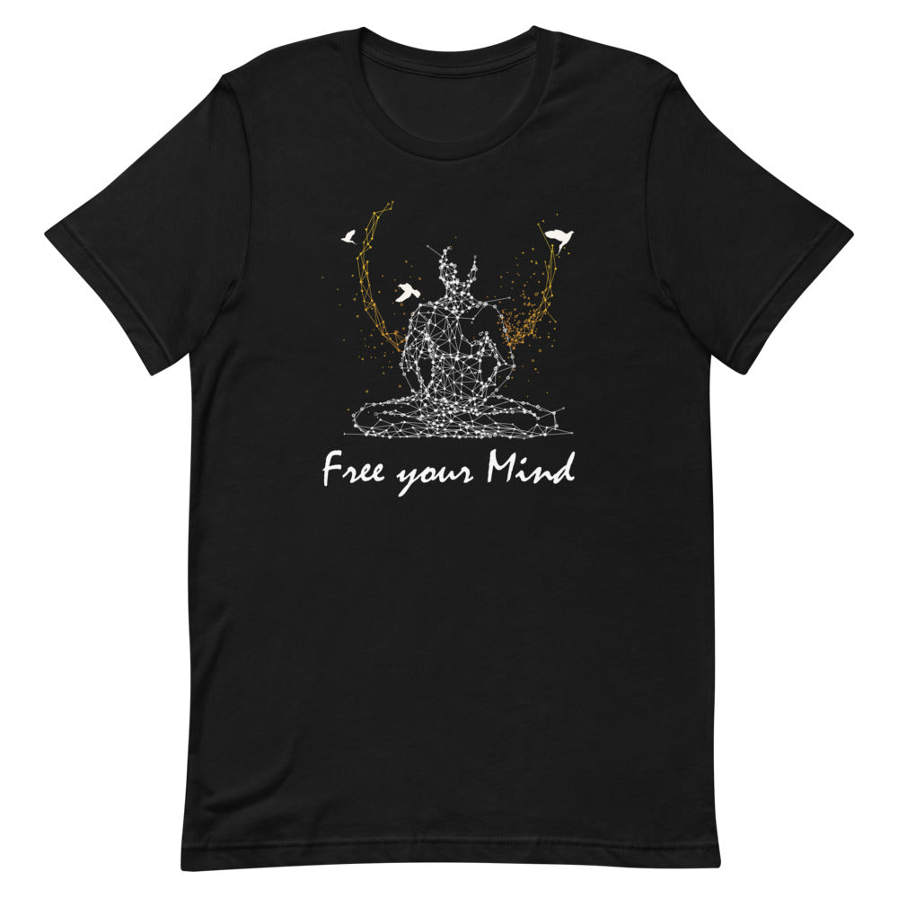 "Free Your Mind" T-shirt with Meditative Silhouette and Birds – Free and Cosmic