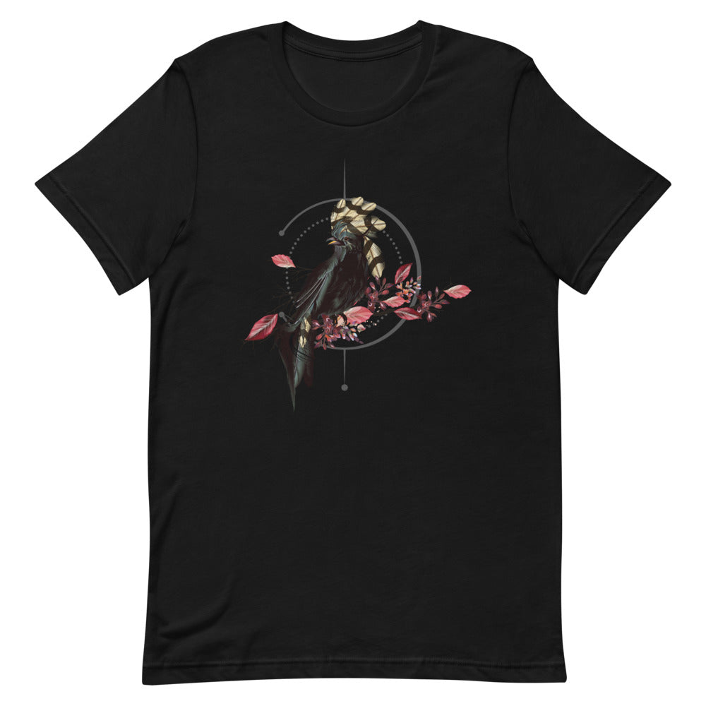 T-shirt Corbeau Fleurs et Cadre Géométrique – Bohème et Mystérieux