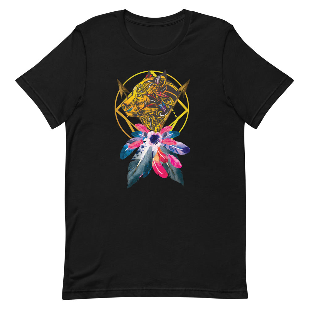 T-shirt Loup Plumes Géométriques – Bohème et Majestueux