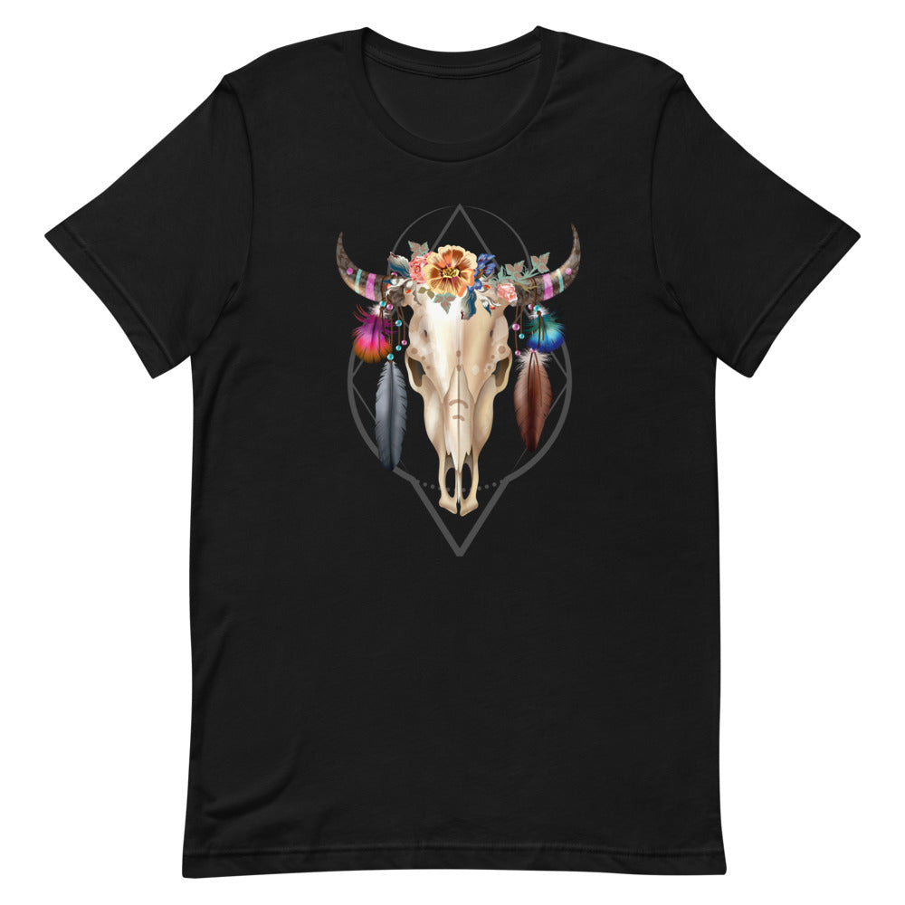 Bull Skull Feathers and Flowers T-shirt – Bohemian and Spiritual