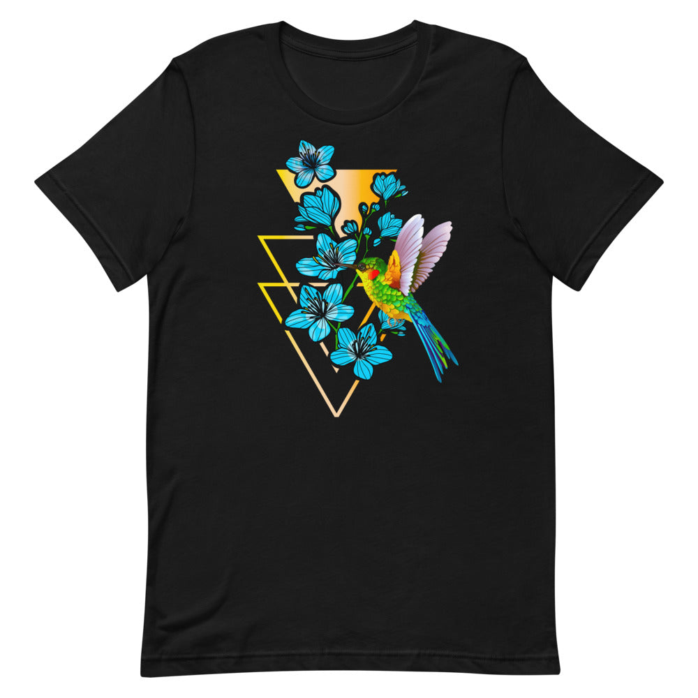 T-shirt Colibri Fleurs et Cadre Géométrique – Bohème et Énergique
