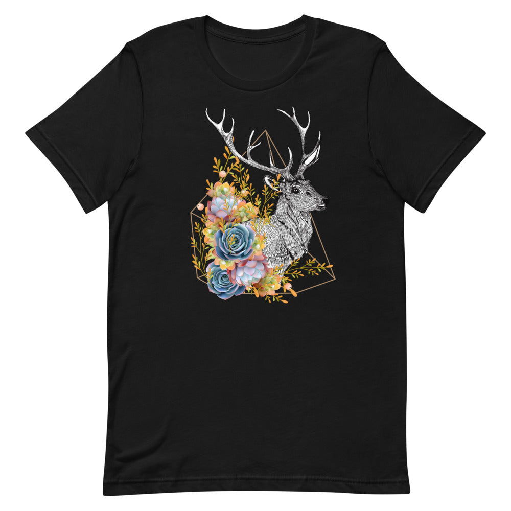 T-shirt Cerf Fleurs Géométriques – Bohème et Élégant