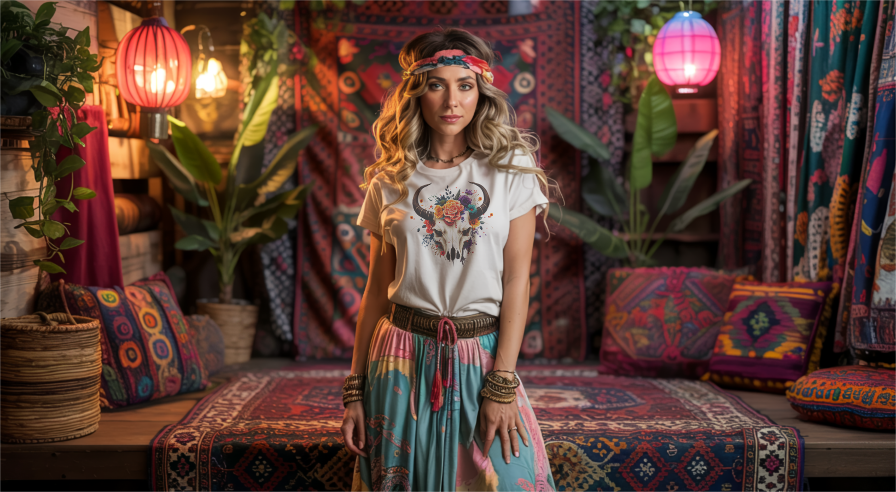 A woman in a bohemian outfit stands in a vibrant, eclectic living room with colorful textiles, plants, and patterned cushions, creating a cozy and artistic atmosphere for HappyAndShiny.com.