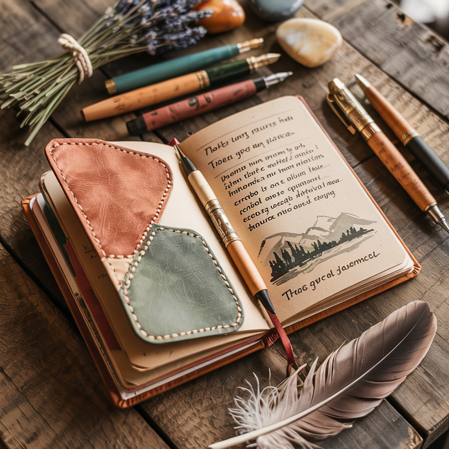 Un carnet de voyage en cuir avec un dessin de montagne, entouré de stylos colorés, d’un bouquet de lavande, d’une plume et de pierres, sur une surface en bois, pour HappyAndShiny.com.