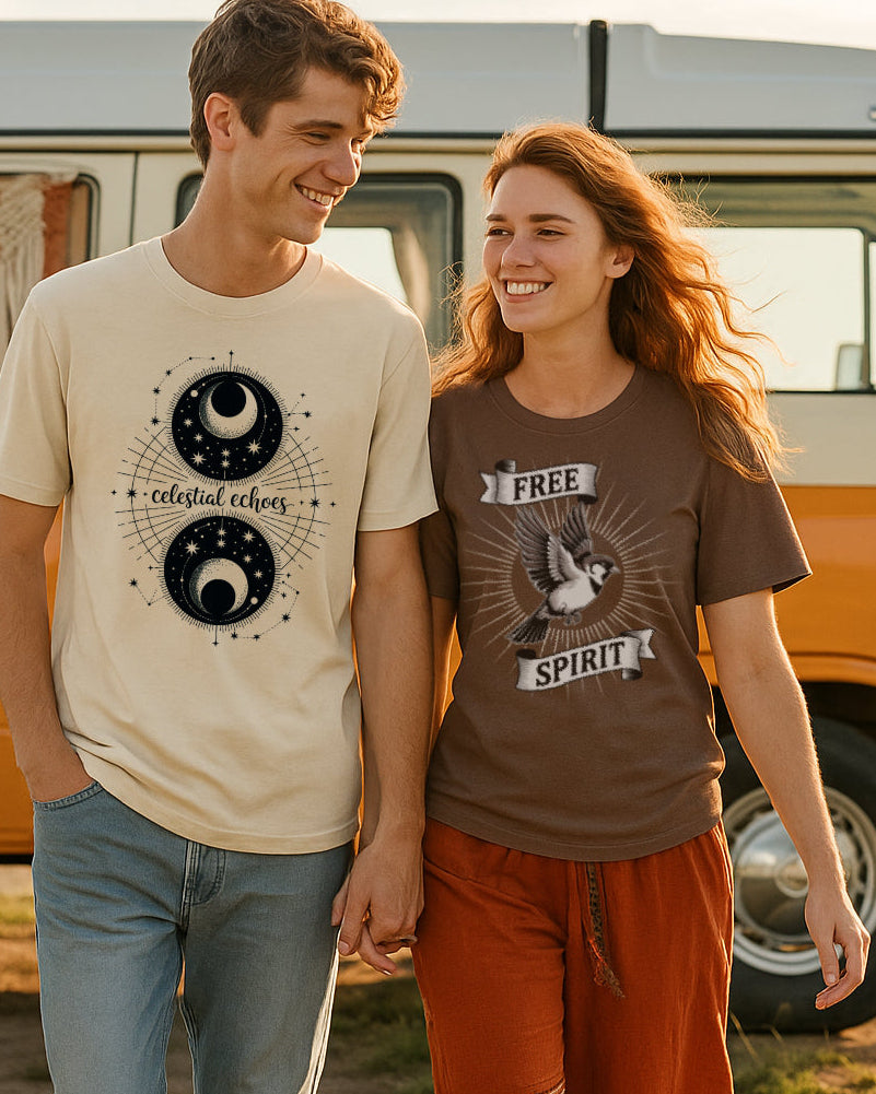 Un couple marchant main dans la main portant des tee-shirts avec des motifs "Celestial Echoes" et "Free Spirit", devant un van orange dans un décor naturel au coucher du soleil, pour HappyAndShiny.com.