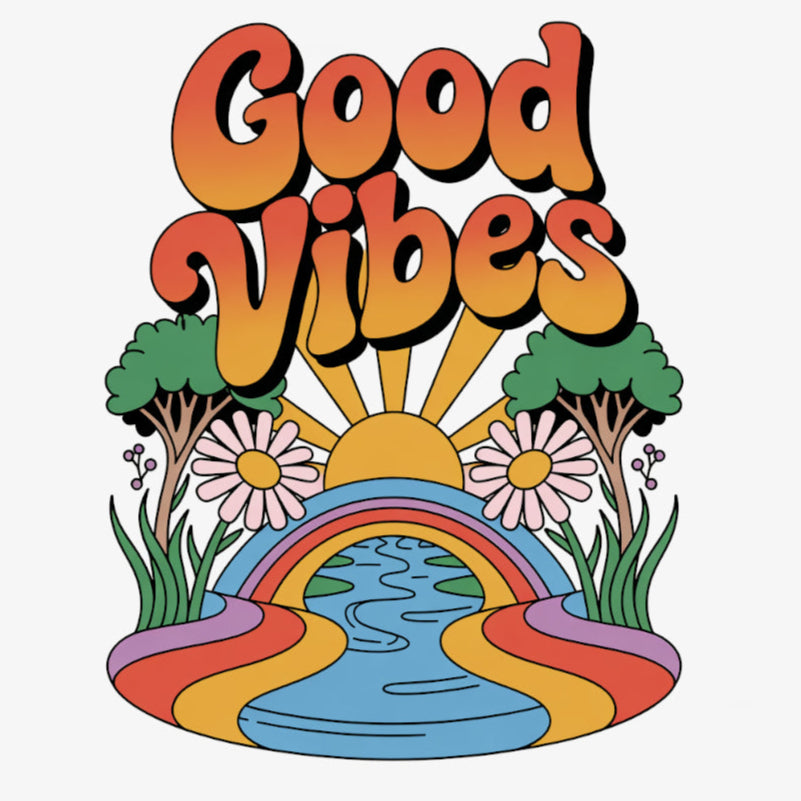 Illustration colorée avec le texte "Good Vibes" au-dessus d’un arc-en-ciel, d’une rivière, de marguerites et d’un soleil couchant, entourée d’arbres, sur fond blanc, pour HappyAndShiny.com.