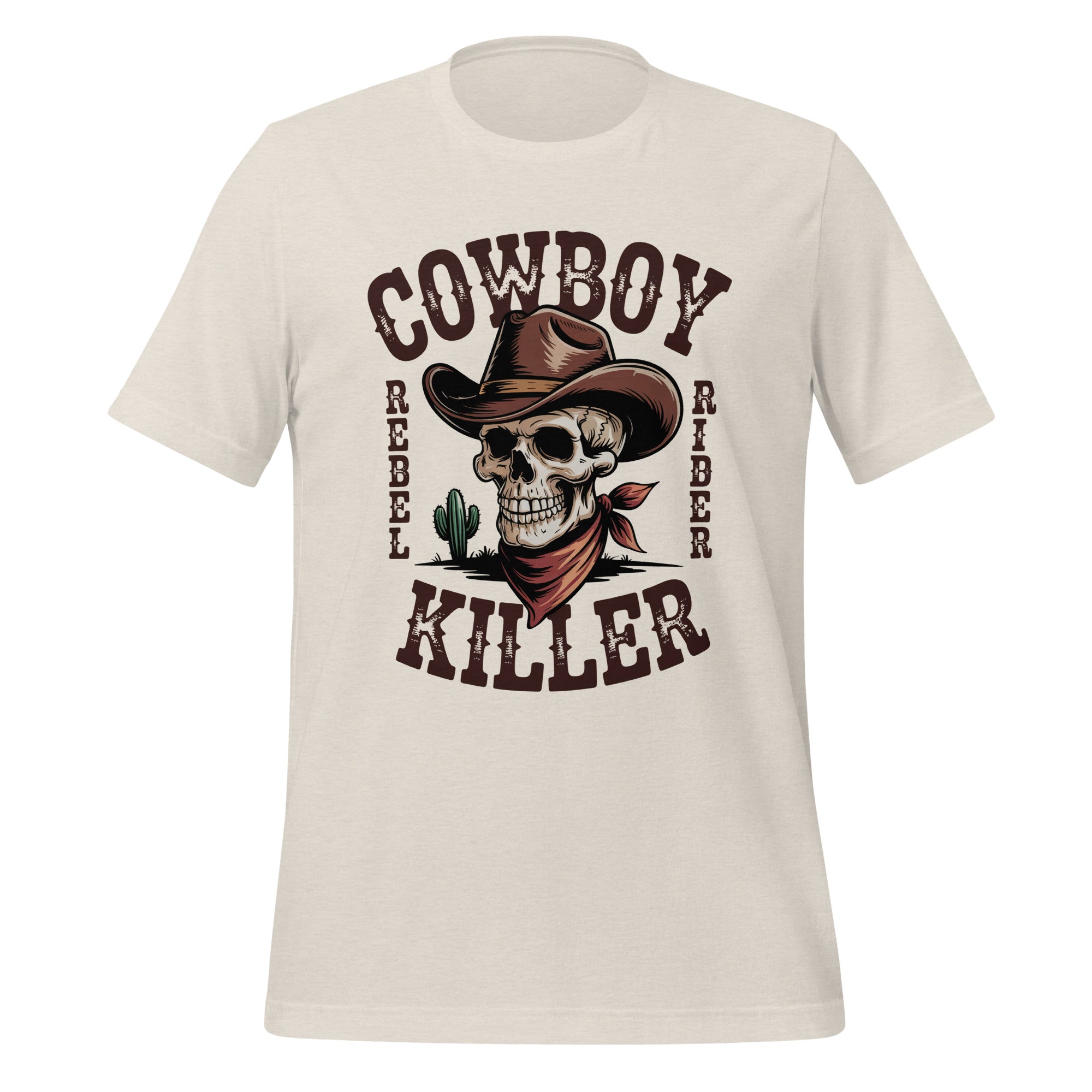 Tee-shirt beige avec un motif de crâne de cowboy portant un chapeau et un bandana, accompagné du texte "Cowboy Rebel Rider Killer" et un cactus, pour HappyAndShiny.com.
