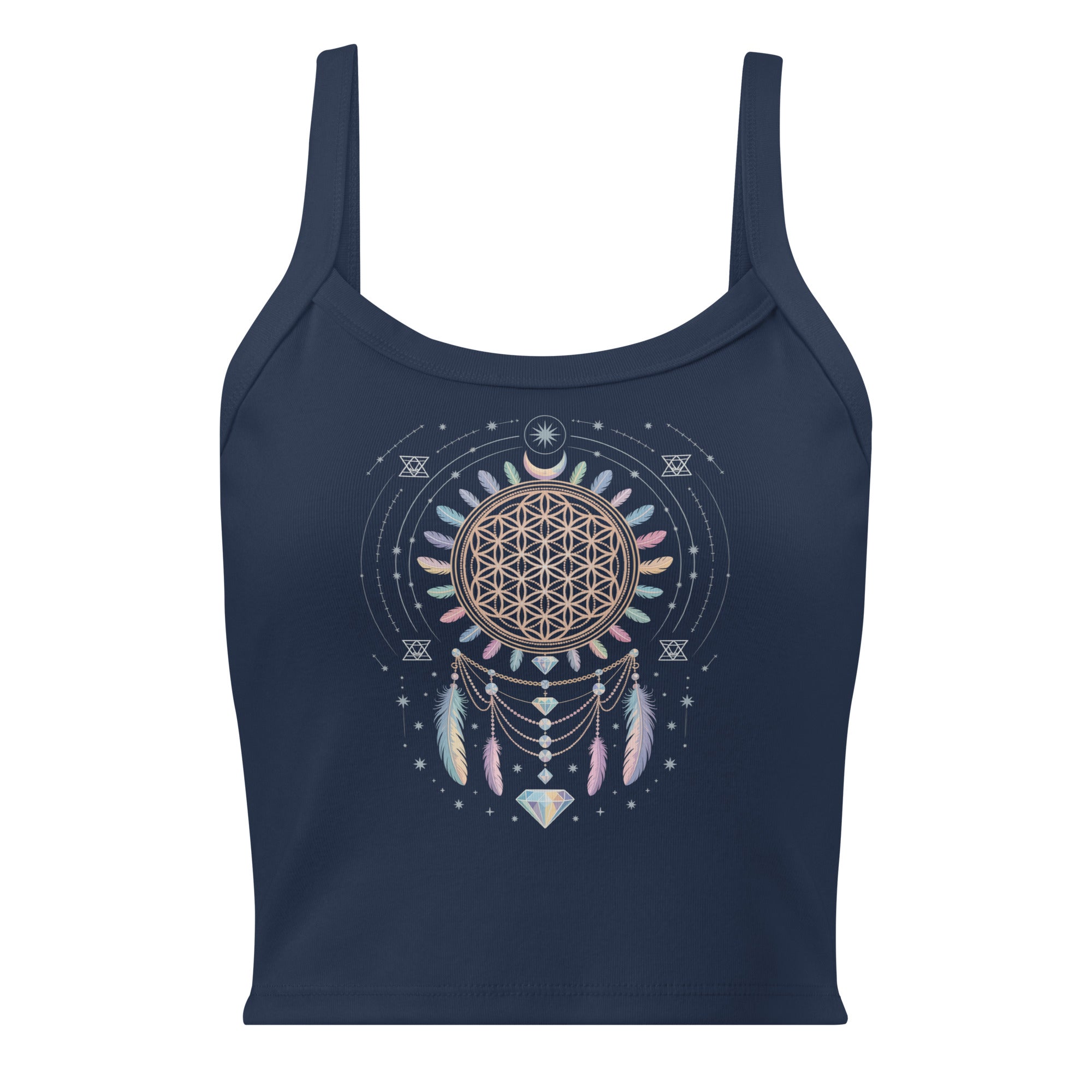 Débardeur avec design dreamcatcher, fleur de vie, plumes et étoiles, style spirituel.