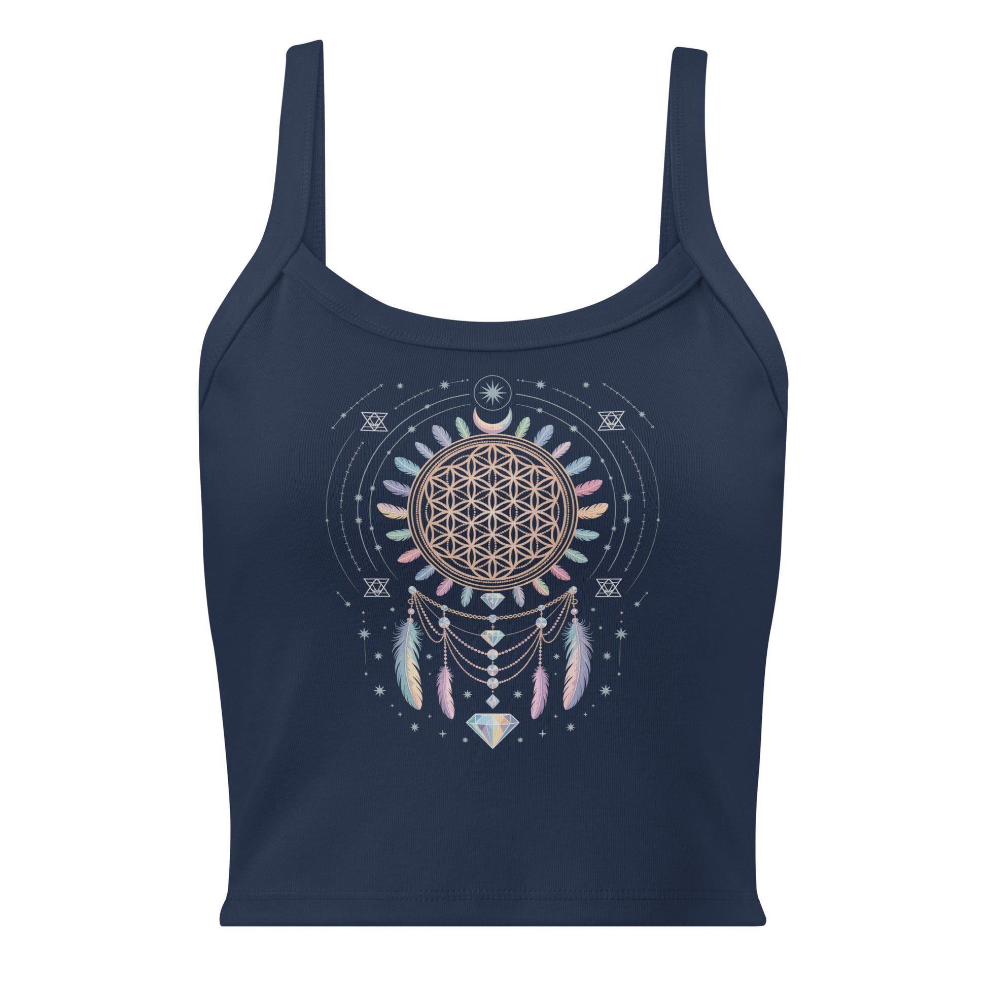 Débardeur avec design dreamcatcher, fleur de vie, plumes et étoiles, style spirituel.