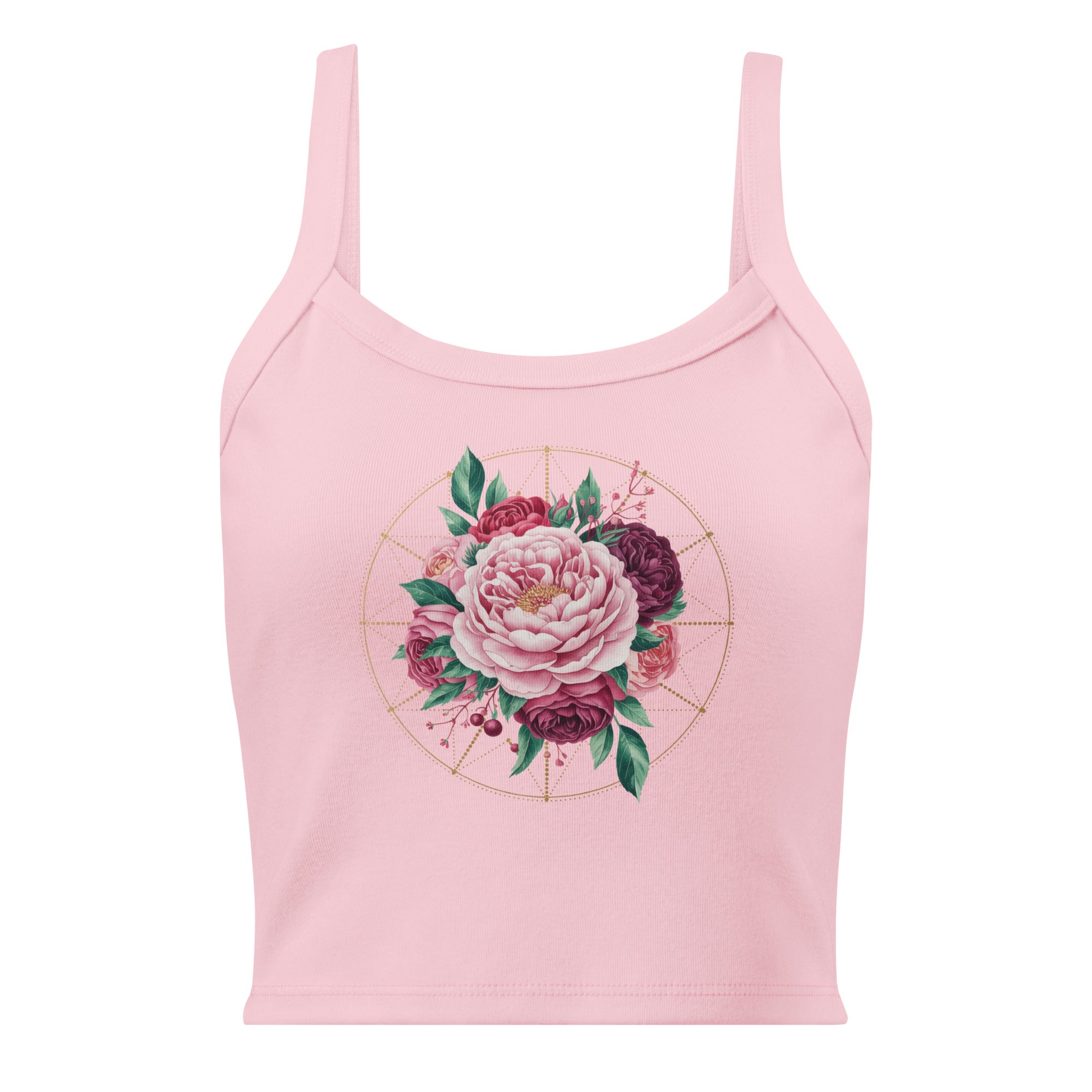 Débardeur rose avec design floral de roses et cercle doré, style élégant et naturel.
