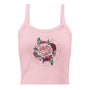 Débardeur rose avec design floral de roses et cercle doré, style élégant et naturel.