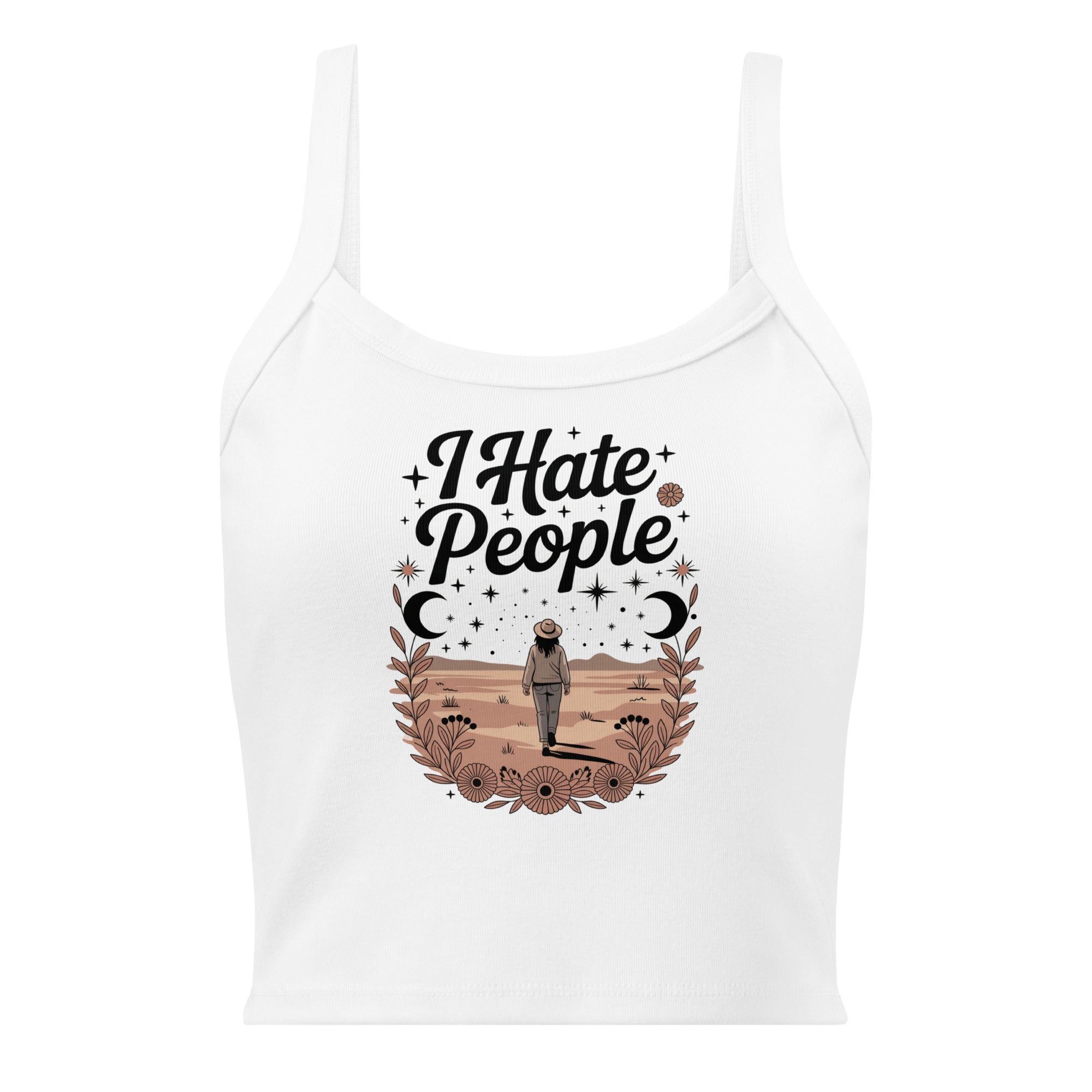 Débardeur unisexe blanc avec texte "I Hate People", cowboy et motifs floraux au recto, style spirituel.