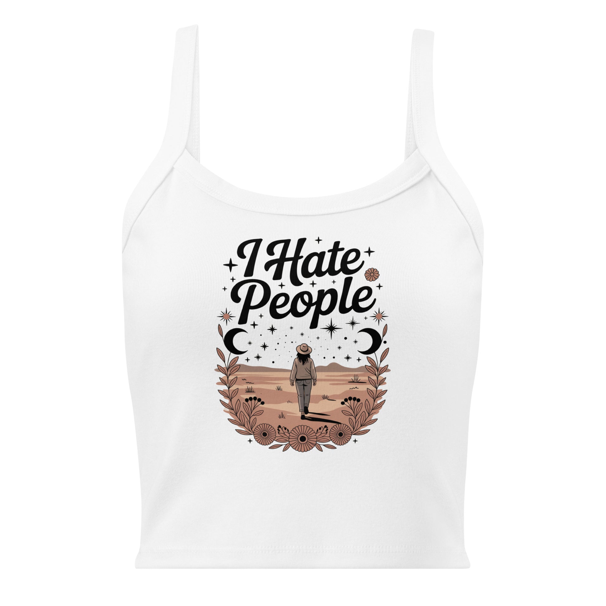 Débardeur unisexe blanc avec texte "I Hate People", cowboy et motifs floraux au recto, style spirituel.