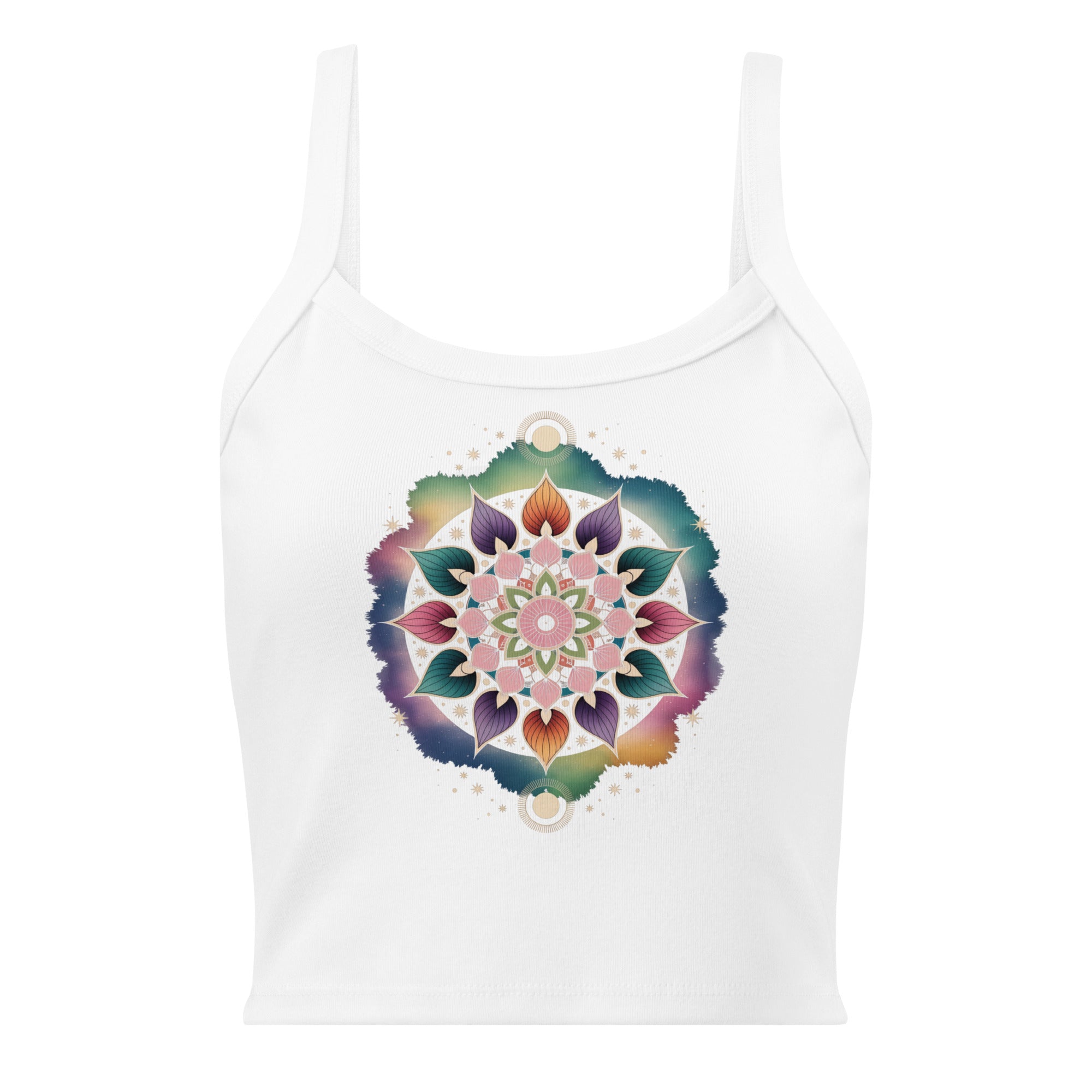 Débardeur unisexe blanc avec mandala multicolore au recto, style bohème spirituel.