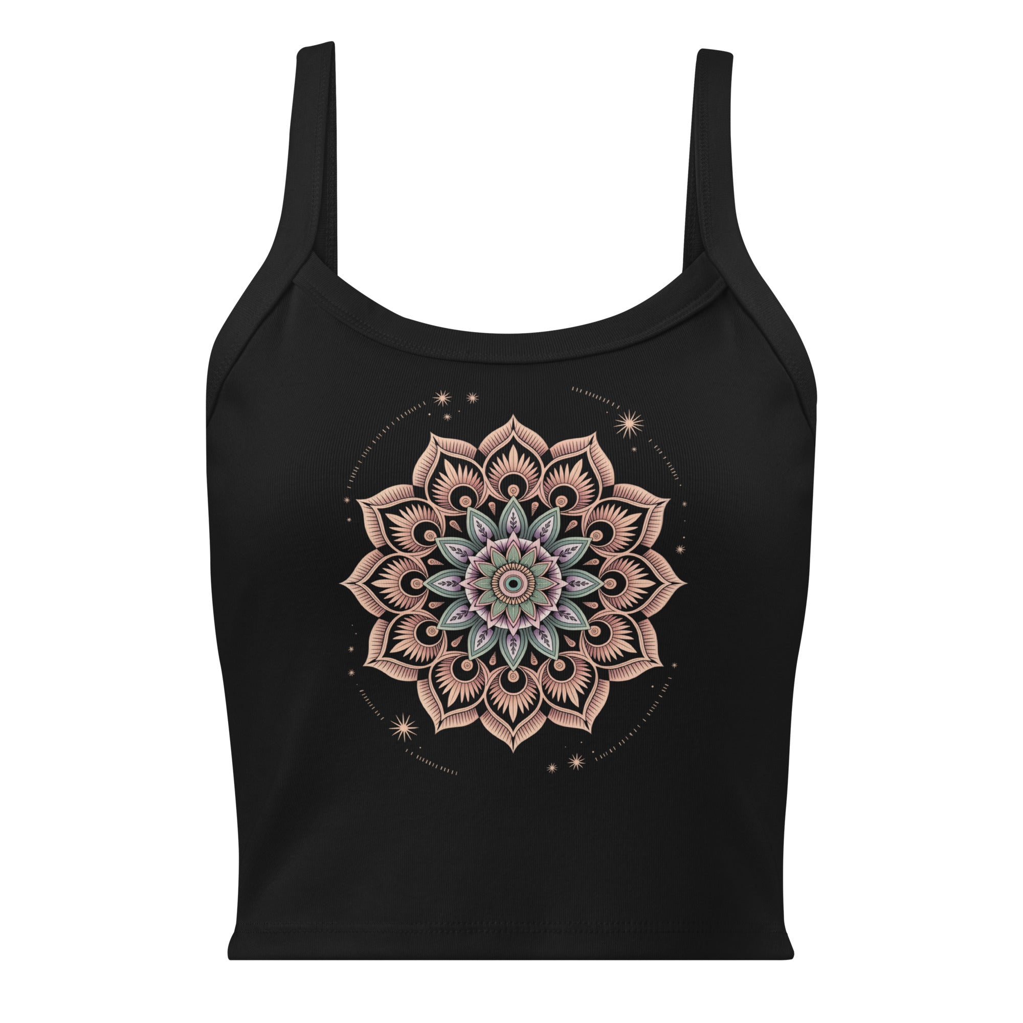 Débardeur unisexe noir avec mandala multicolore et étoiles au recto, style bohème spirituel.