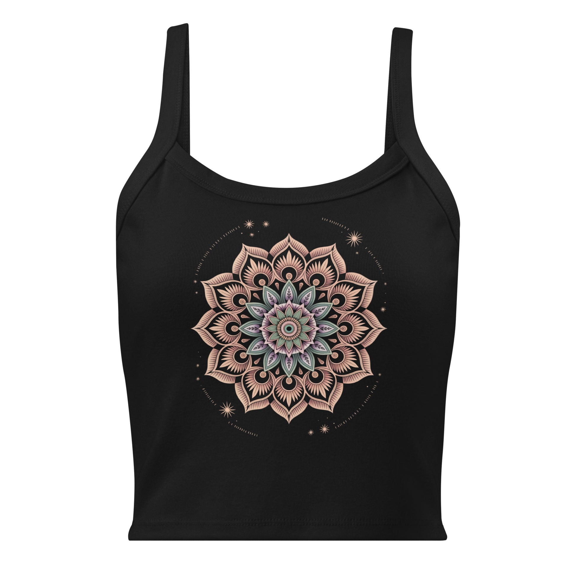 Débardeur unisexe noir avec mandala multicolore et étoiles au recto, style bohème spirituel.