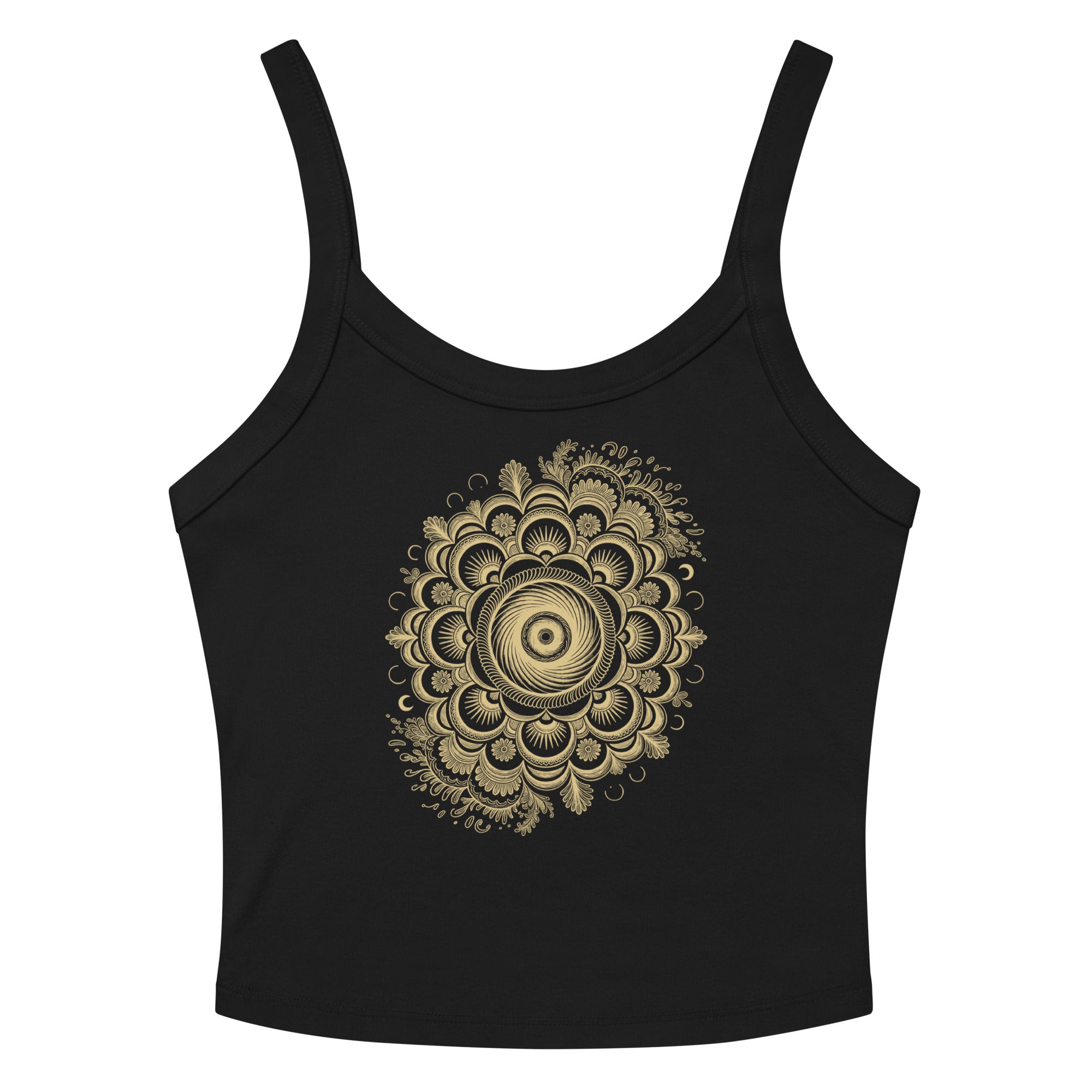 Débardeur unisexe noir avec mandala doré et floral au recto, style spirituel élégant.