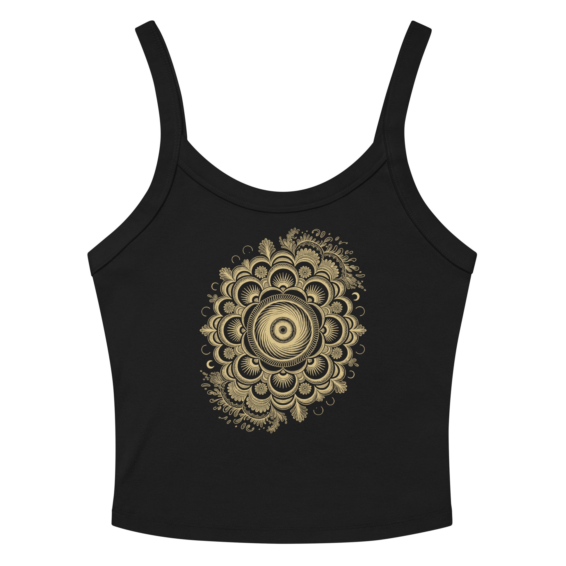 Débardeur unisexe noir avec mandala doré et floral au recto, style spirituel élégant.