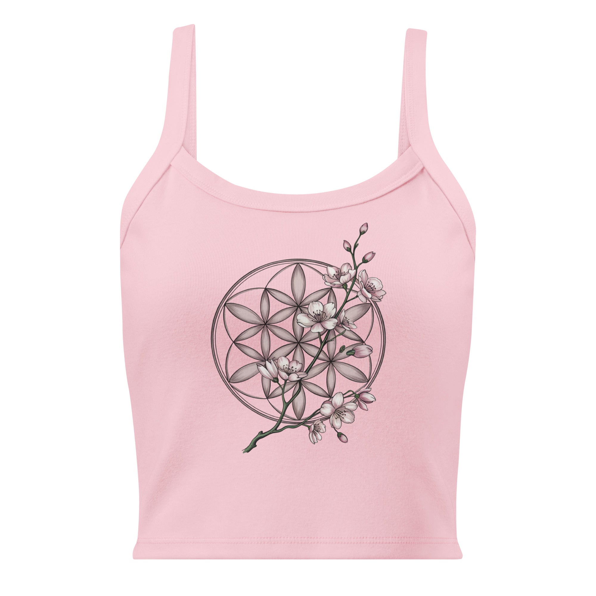 Débardeur unisexe rose pâle avec mandala floral cerisier et branches au recto, style spirituel.