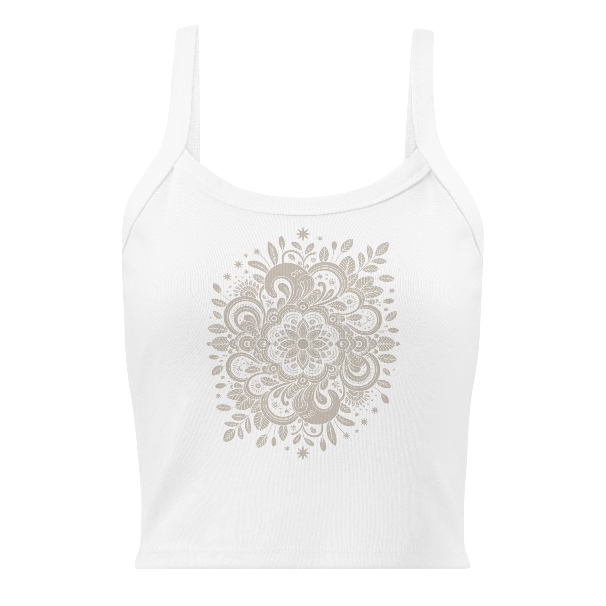 Débardeur unisexe blanc avec mandala floral beige et étoiles au recto, style bohème spirituel.