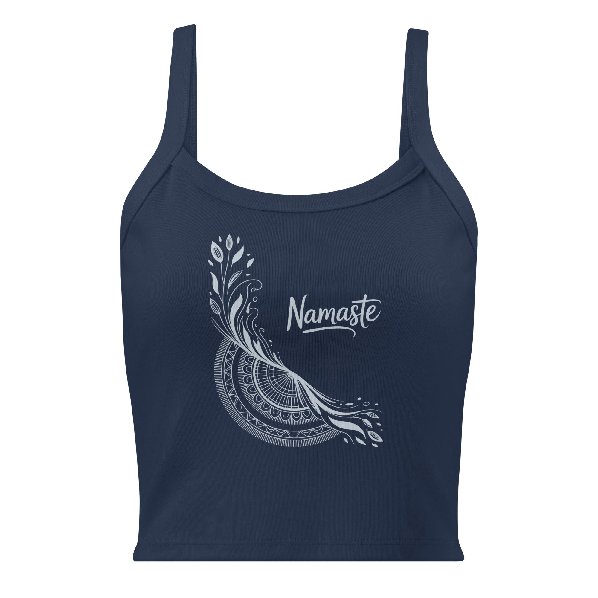 Débardeur marine avec mandala floral et texte "Namaste" en blanc, style spirituel.