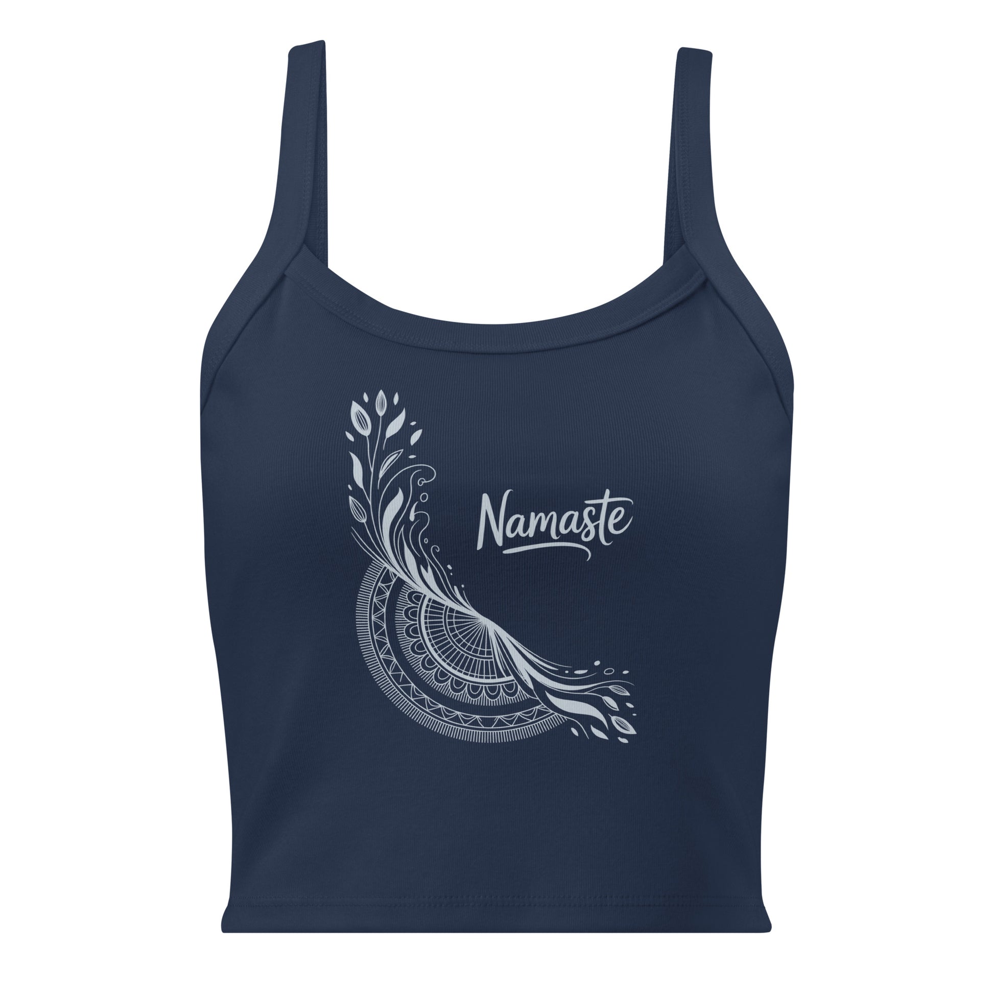 Débardeur marine avec mandala floral et texte "Namaste" en blanc, style spirituel.
