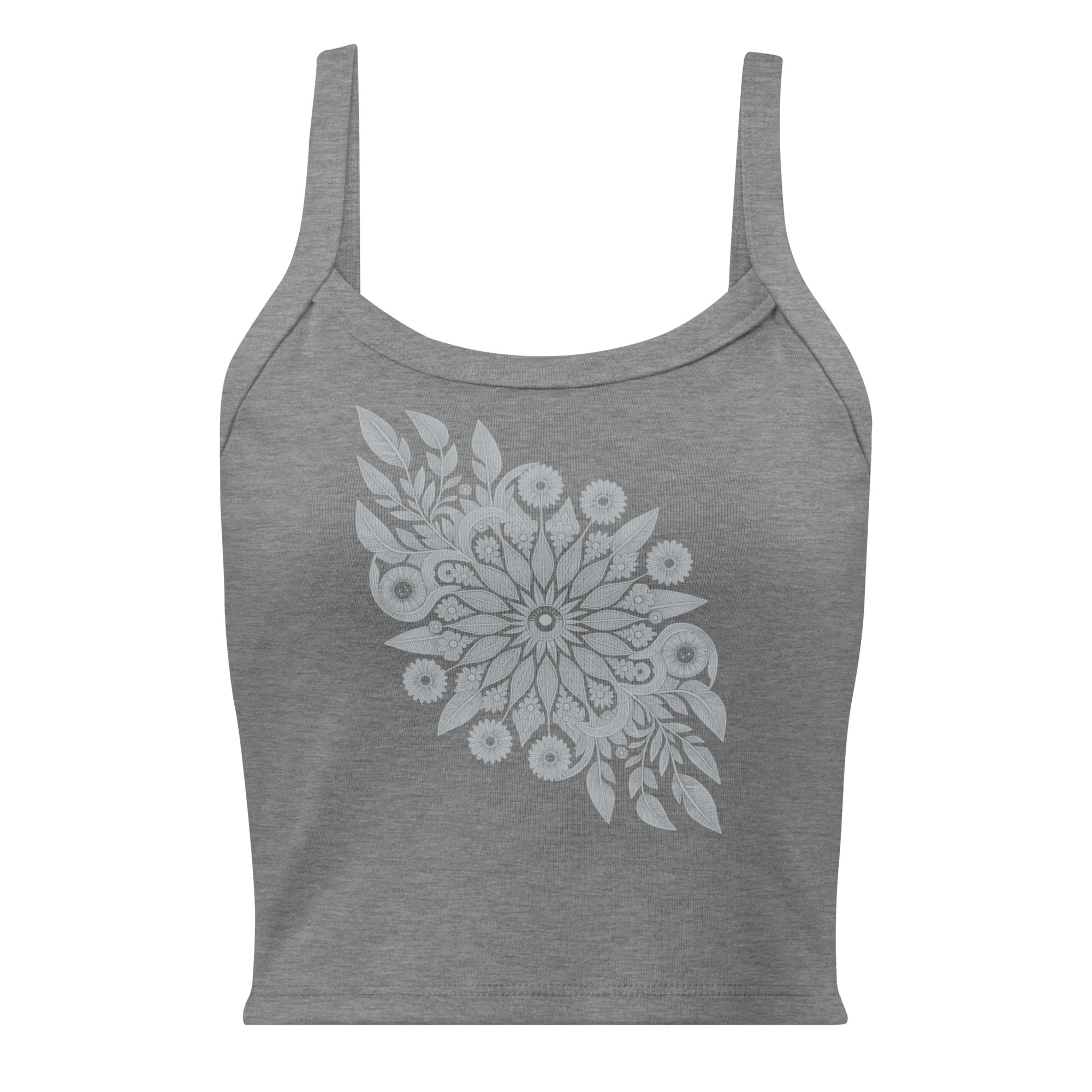 Débardeur unisexe gris avec mandala floral blanc et feuilles au recto, style minimaliste spirituel.