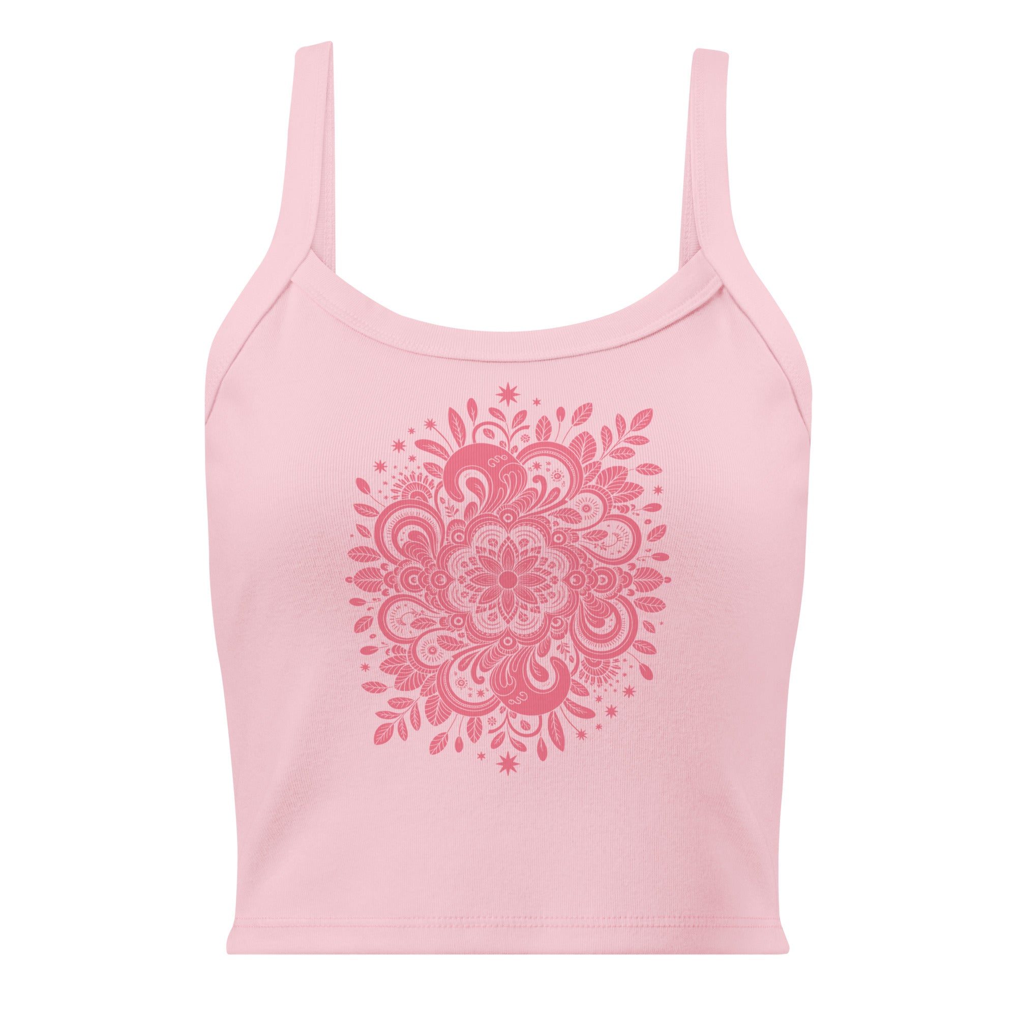Débardeur unisexe rose pâle avec mandala floral rose foncé et étoiles au recto, style bohème spirituel.