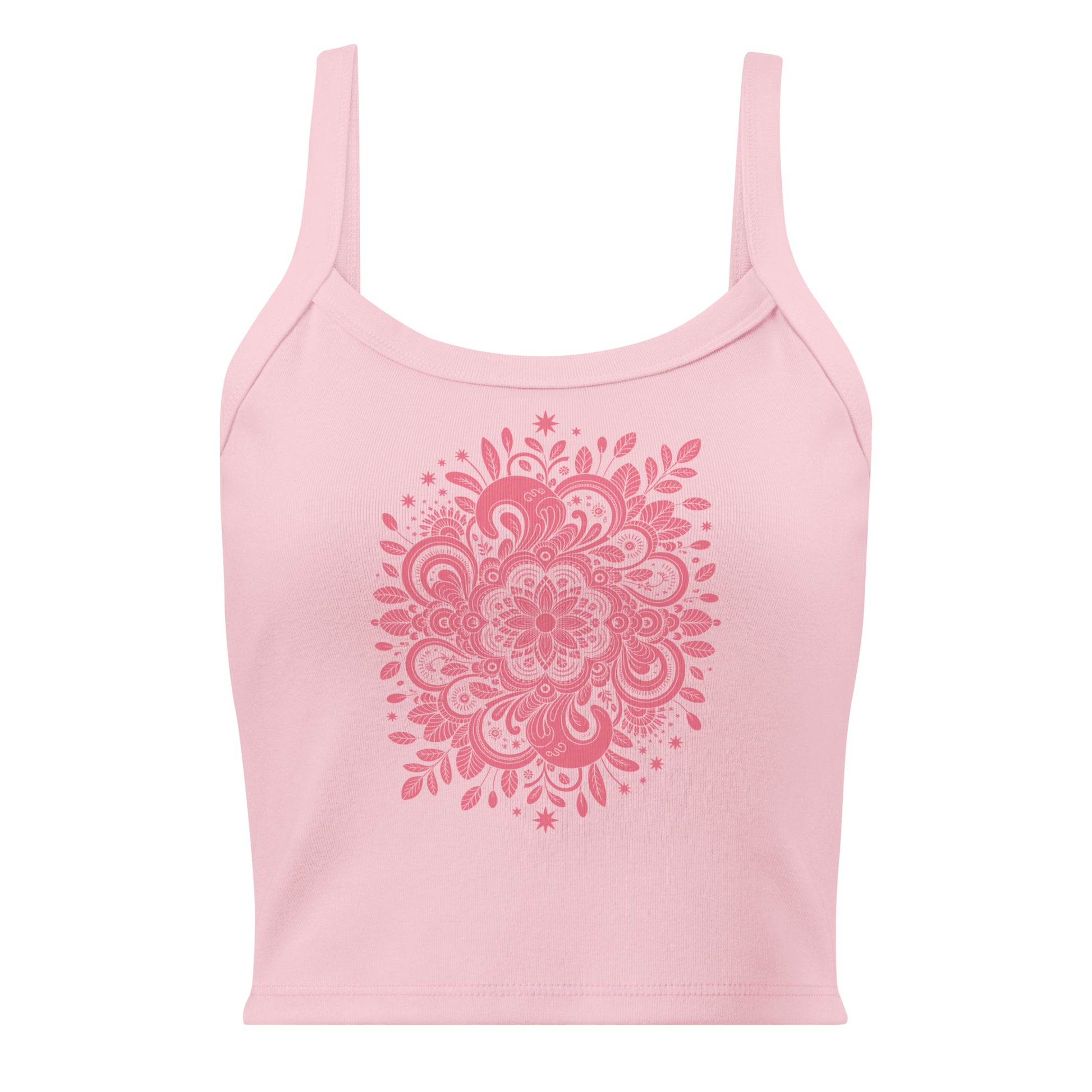 Débardeur unisexe rose pâle avec mandala floral rose foncé et étoiles au recto, style bohème spirituel.